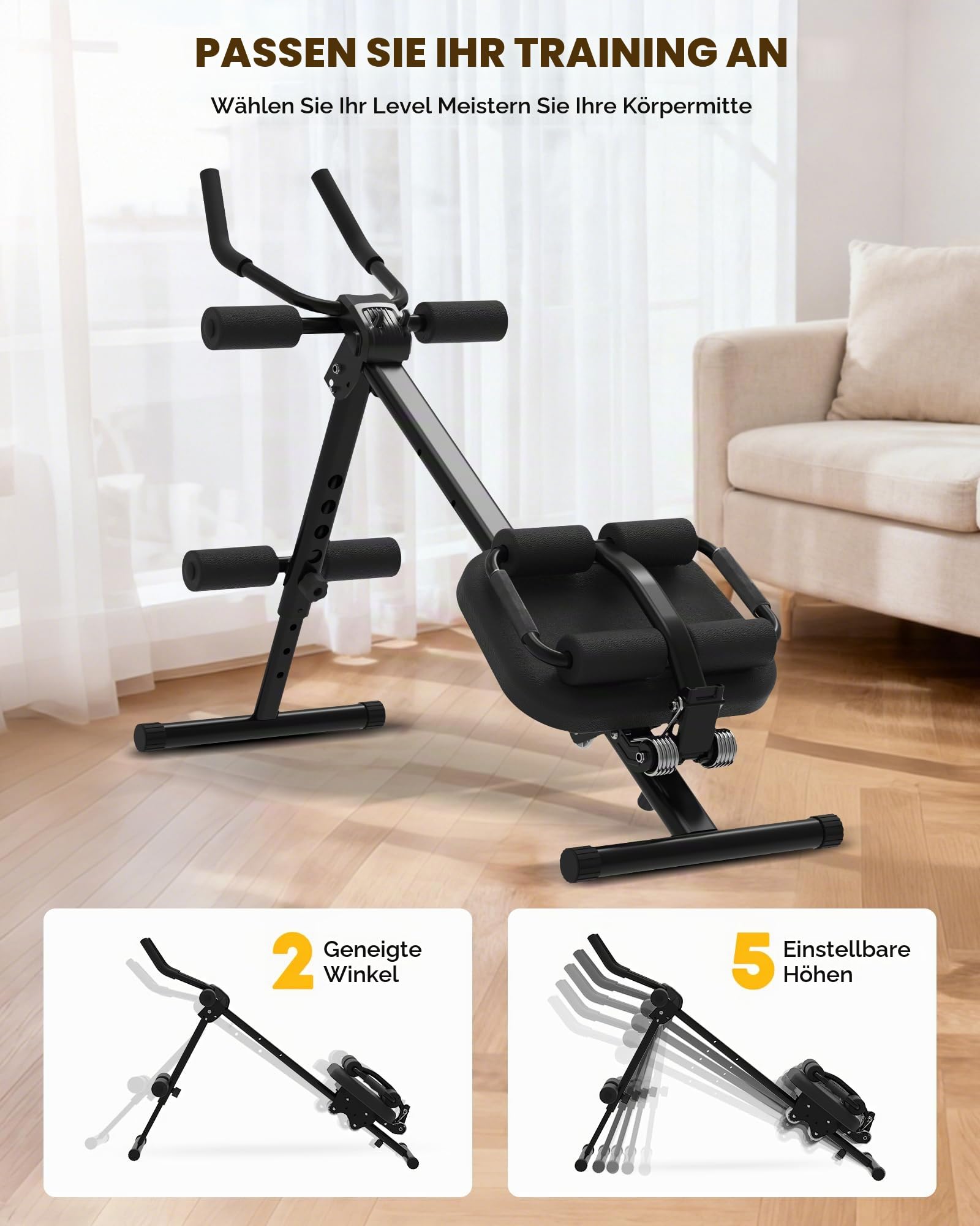 GuuG Bauchtrainer Bauchmuskeltrainer, Kohlrabenschwarz | Für Zuhause, Klappbar, Sit up Machine, Home Gym Equipment