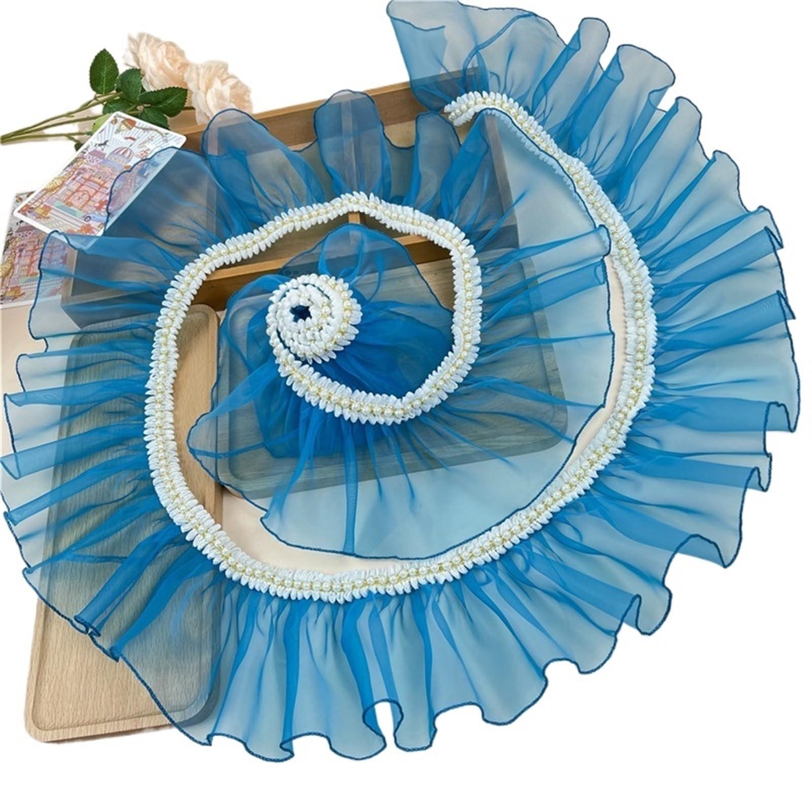 Pleated Beaded Ruffle Lace 1Meter Organza Pleats Ruffle Lace Trim with Beads Lace Sewing Craft (Color : Blue, Size : 2meter)