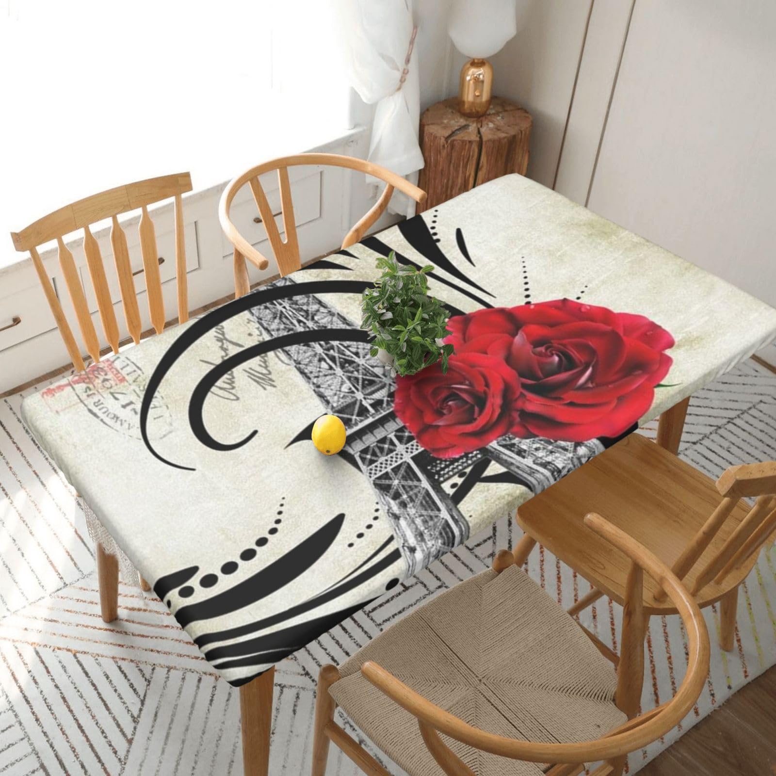 DCEHGEW Elastic Fitted Rectangle Tablecloth for 5ft Tables, Eiffel Tower Red Rose Printed Oilproof & Washable Fabric Picnic Table Cloth Table Covers