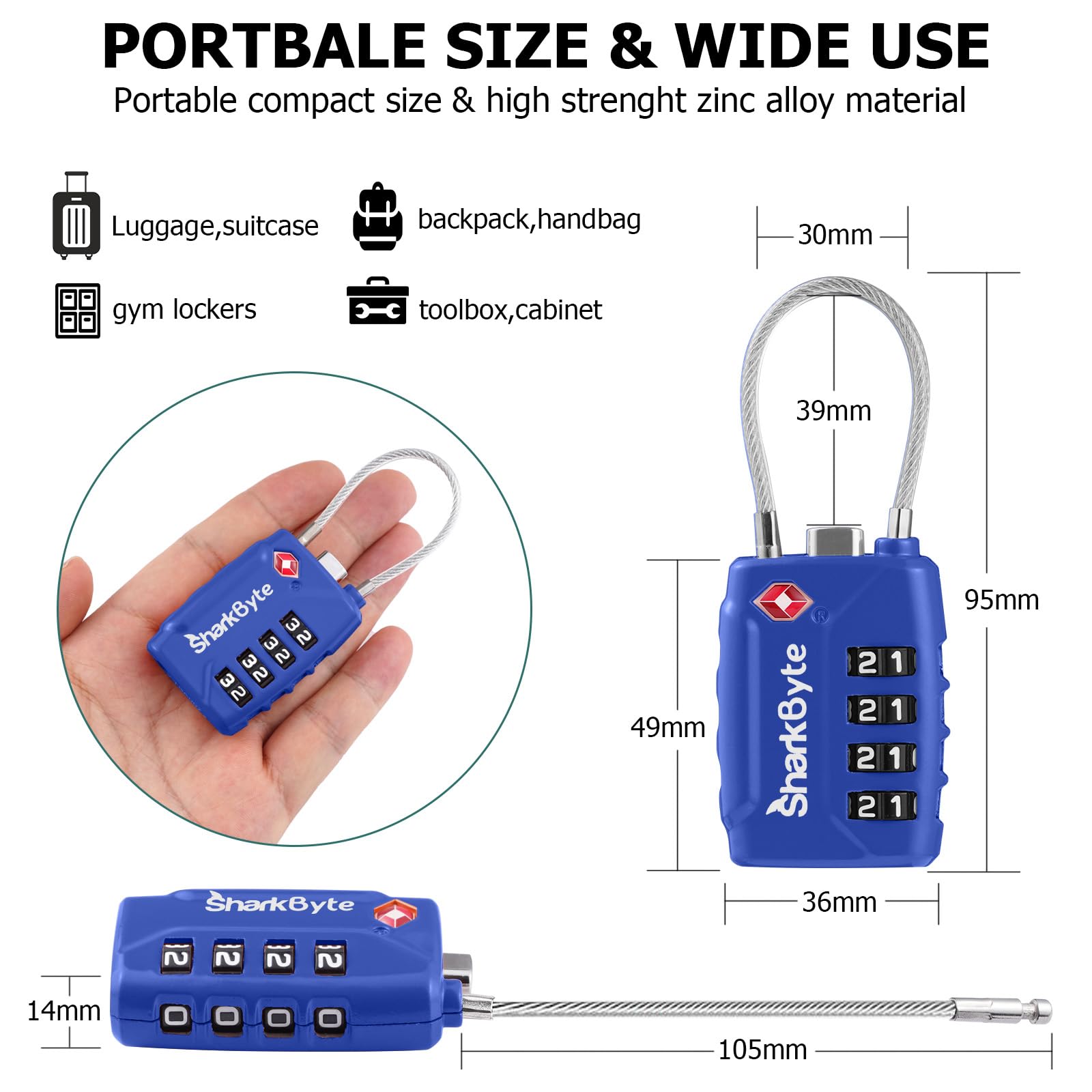 SharkByte Candados de maleta aprobados por la TSA, candado de combinación de seguridad de 4 esferas, candado de viaje de alambre flexible para maletas, cerraduras de equipaje, bolsa de viaje, gimnasio