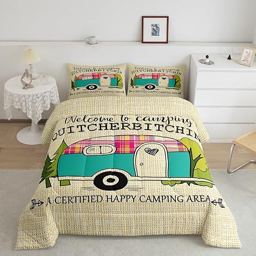 Juego de ropa de cama para caravana, funda de edredón vintage para niños y niñas, juego de edredón de campamento de dibujos animados, funda de
