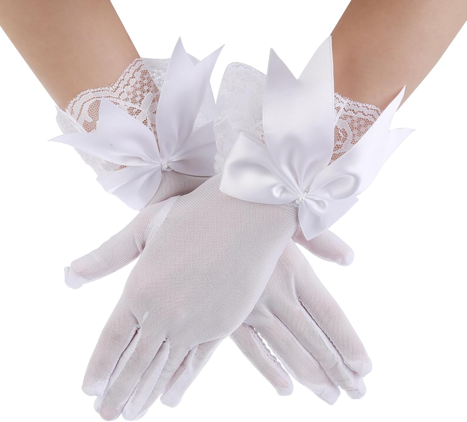Telooco Women Lace Gloves Tea Party Bow Gloves Short Mitten for Bridal Evening Costume Accessories