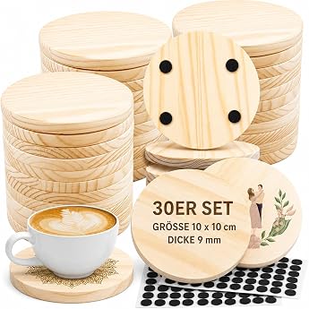LYCN Pack of 30 Wooden Coasters Round 10cm with Non-Slip Mat