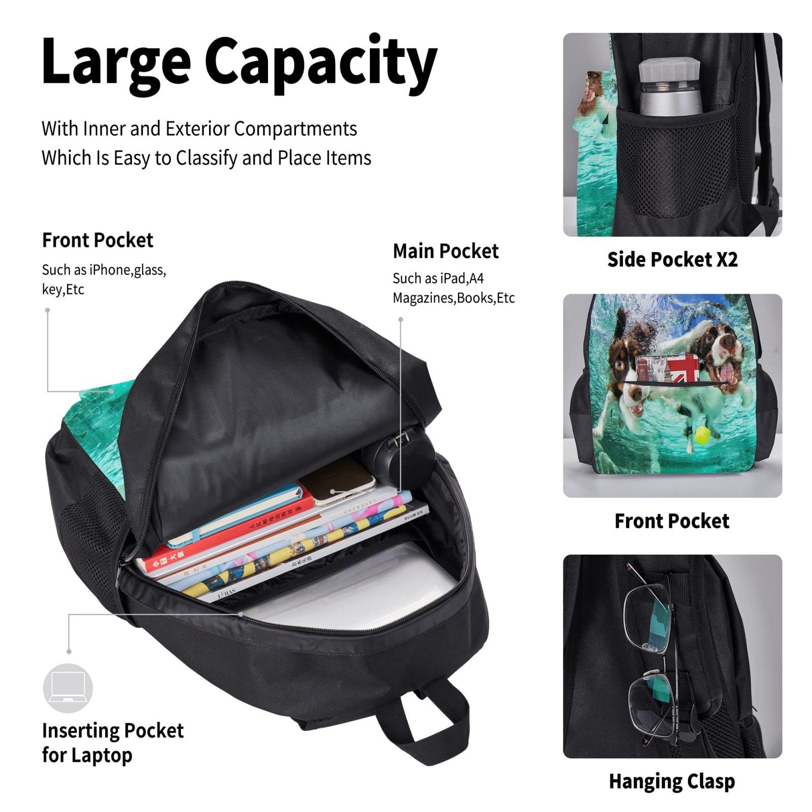 Set di 3 zaini con cani subacquei e cani che nuotano, borsa, astuccio e borsa per il pranzo, per uomini, donne, ragazzi e ragazze.
