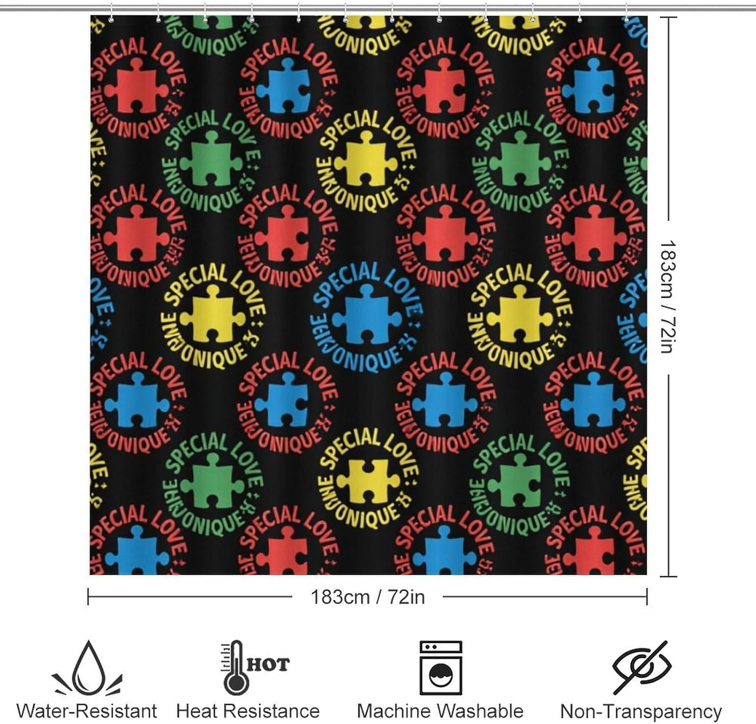 4 Pc Colorful Autism Awareness Puzzle Pieces Heart Black Art Shower Curtains + Bath Mats Set, Water Repellent Window Curtain Super Absorbent Toilet Floor Rug