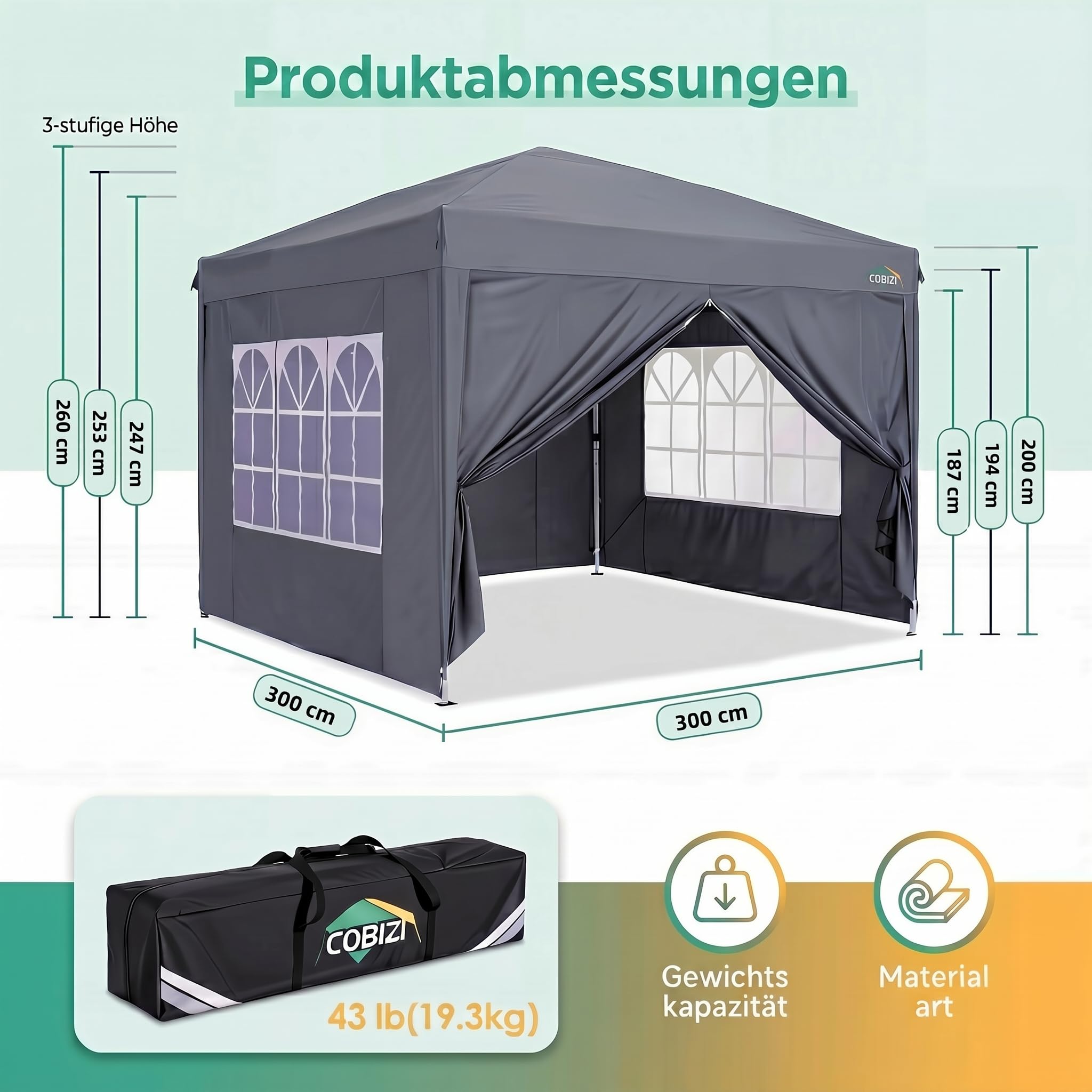 COBIZI Faltpavillon 3x3 Wasserdicht Stabil Winterfest mit Seitenwänden, Outdoor Faltbarer Zelt Pavillon, Faltzelt Pop up Pavillion, UPF 50+ UV-Schutz Festzelt mit Tragetasche für Garten Party, Grau