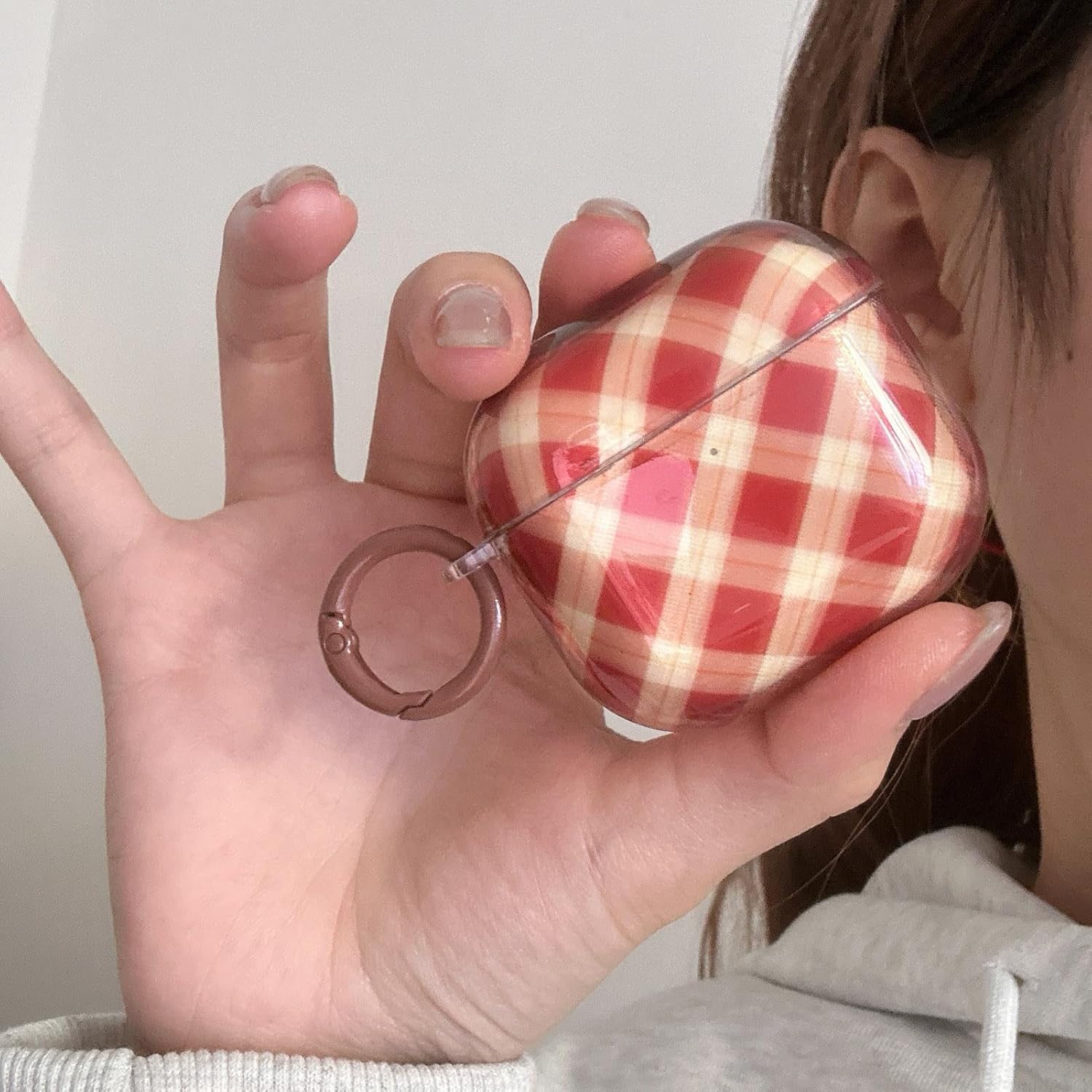 Cute Red Brown Gingham Checkered Case for AirPods Pro 3 with Key Ring Women