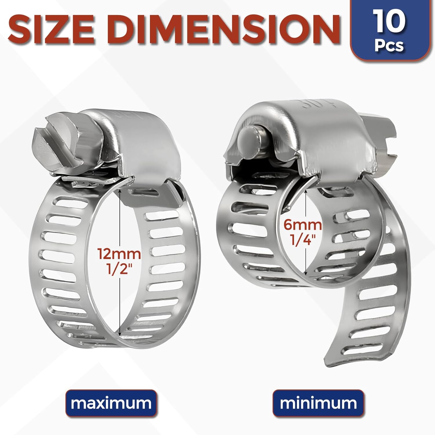 10Pcs Stainless Steel Hose Clamps, Adjustable 1/4" to 1.2" (6-12mm) Heavy Duty Worm Gear Hose Clamp Assortment Kit, Metal Fuel Line Clamping for Radiator, Dryer Vent
