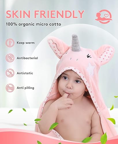 Vista 5 de Hooded Towel for Kids 100% Cotton Ultra Soft with Unique Animal Design Large for Infants 3-10 Years (Unicorn)