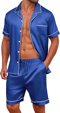 Vssjavun Mens Satin Silk Pajamas Sets Short Sleeve Button-Down Sleepwear Two Piece Loungewear with Pockets