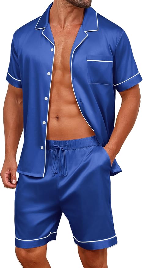 Vssjavun Mens Satin Silk Pajamas Sets Short Sleeve Button-Down Sleepwear Two Piece Loungewear with Pockets