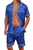 Mens Satin Silk Pajamas Sets Short Sleeve Button-Down Sleepwear Two Piece Loungewear with Pockets