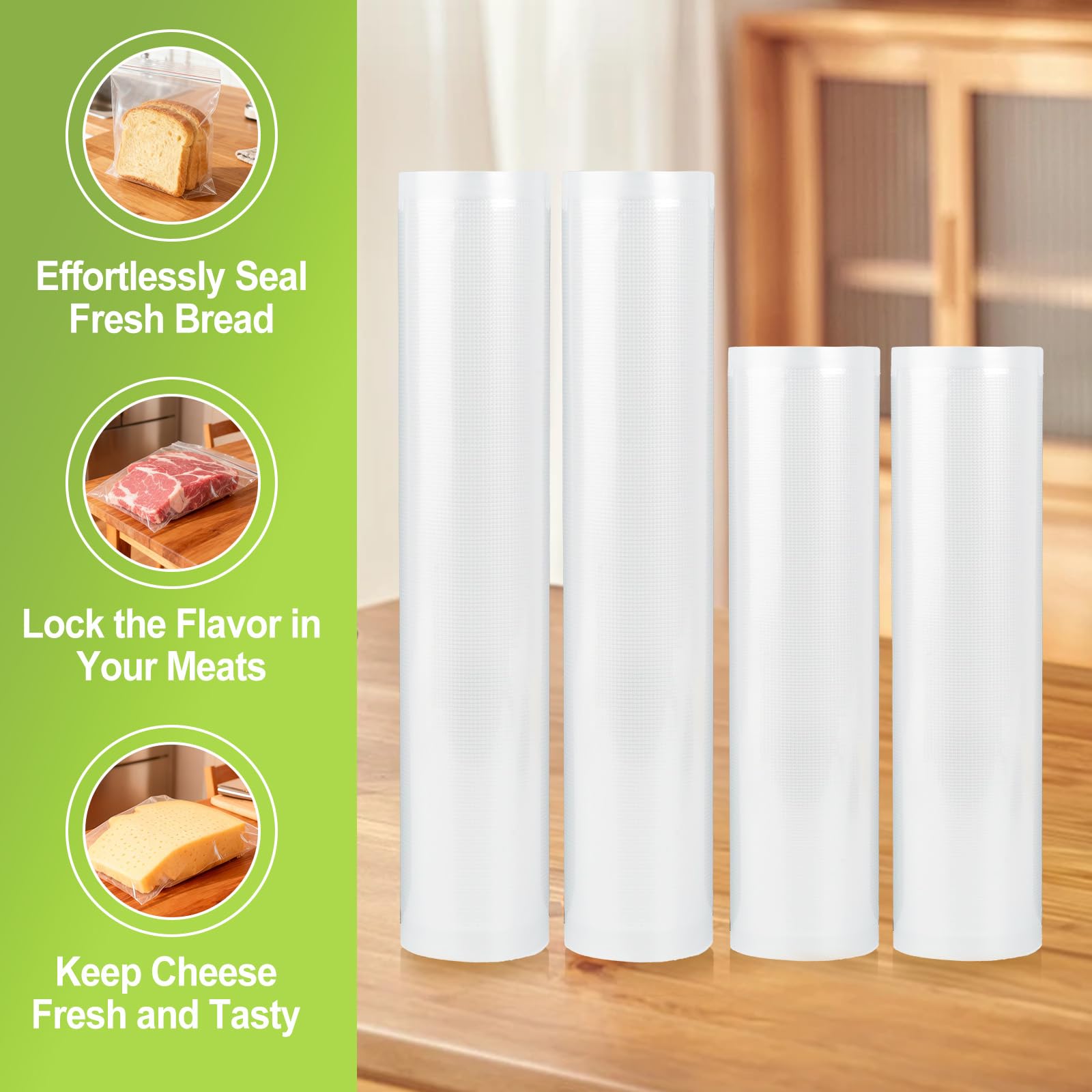 4 rollos de bolsas de sellador al vacío, compatibles con la mayoría de selladores al vacío, 11 x 16,4 pulgadas y 8,3 x 16,4 pulgadas, resistentes sin BPA para preparación de alimentos, Sous Vide