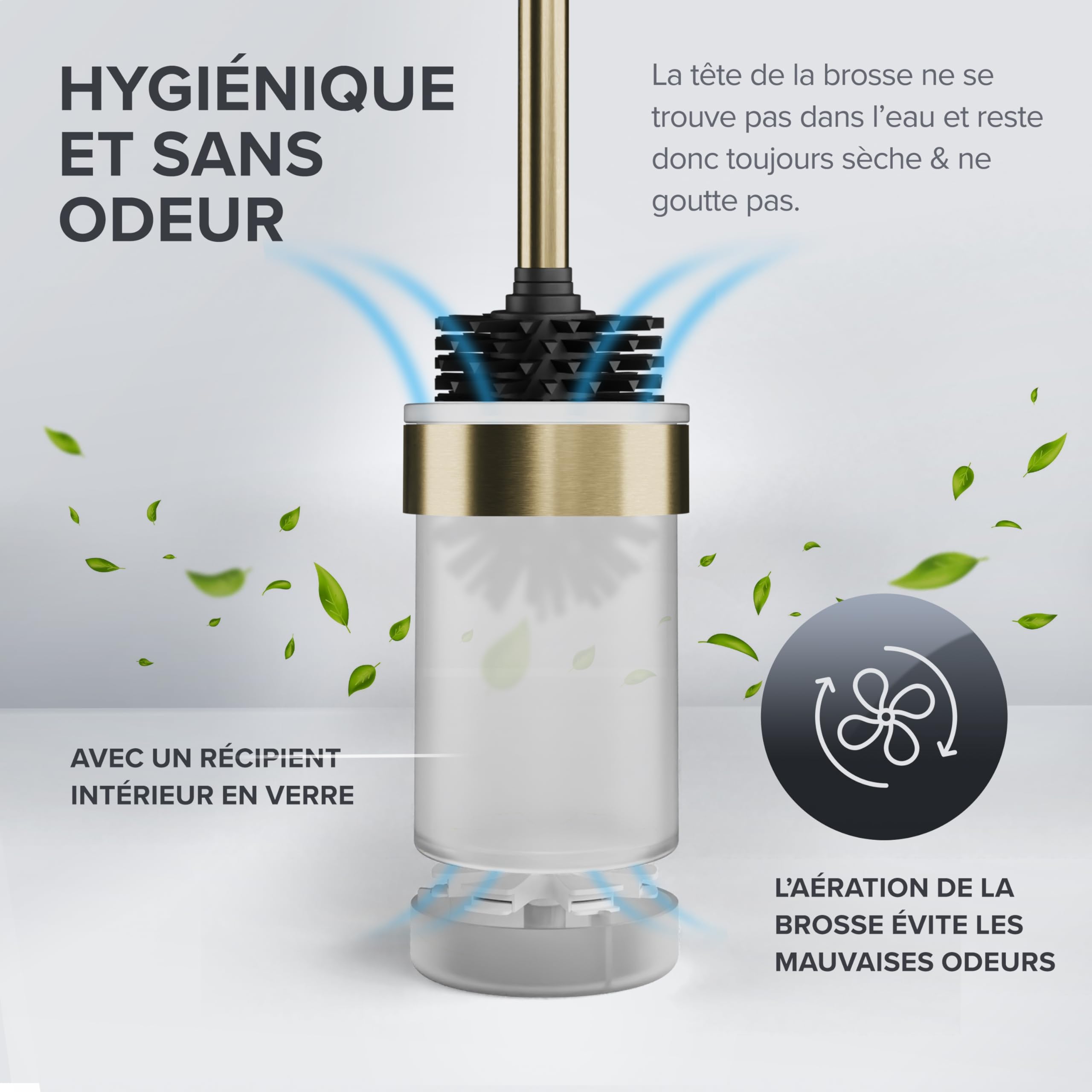 ovimar Erviksanden Brosse de toilette, dorée, montage mural, avec perçage, en silicone, avec fonction d'aération, à percer ou à coller, en acier inoxydable, tête de brosse WC interchangeable