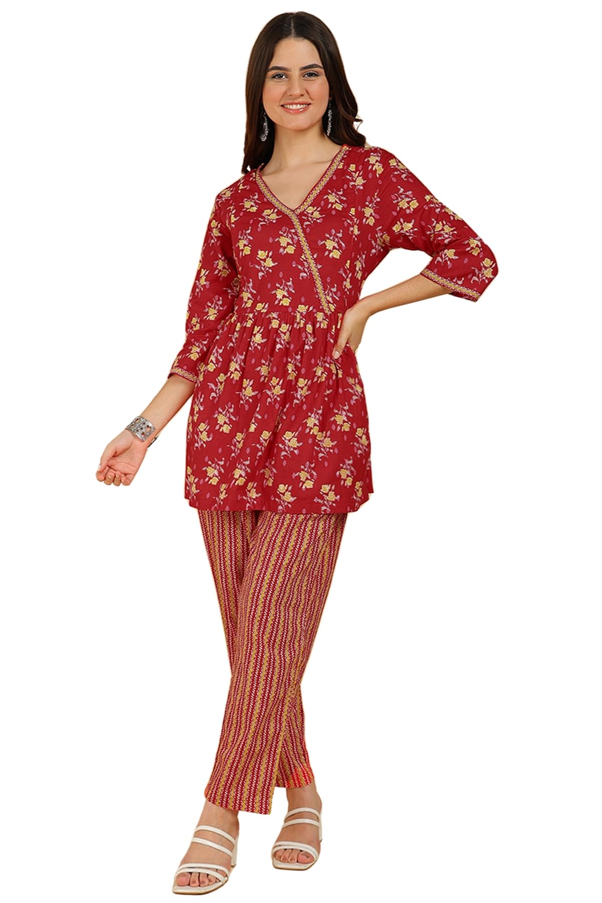 ZELENAMaternity Feeding Co Ord Set with Zip for Women | 100% Cotton Pre & Post Pregnancy Floral Printed Co Ord Set | Nursing Top & Pajama Set for Easy Breastfeeding for Mother with Pockets (Red)