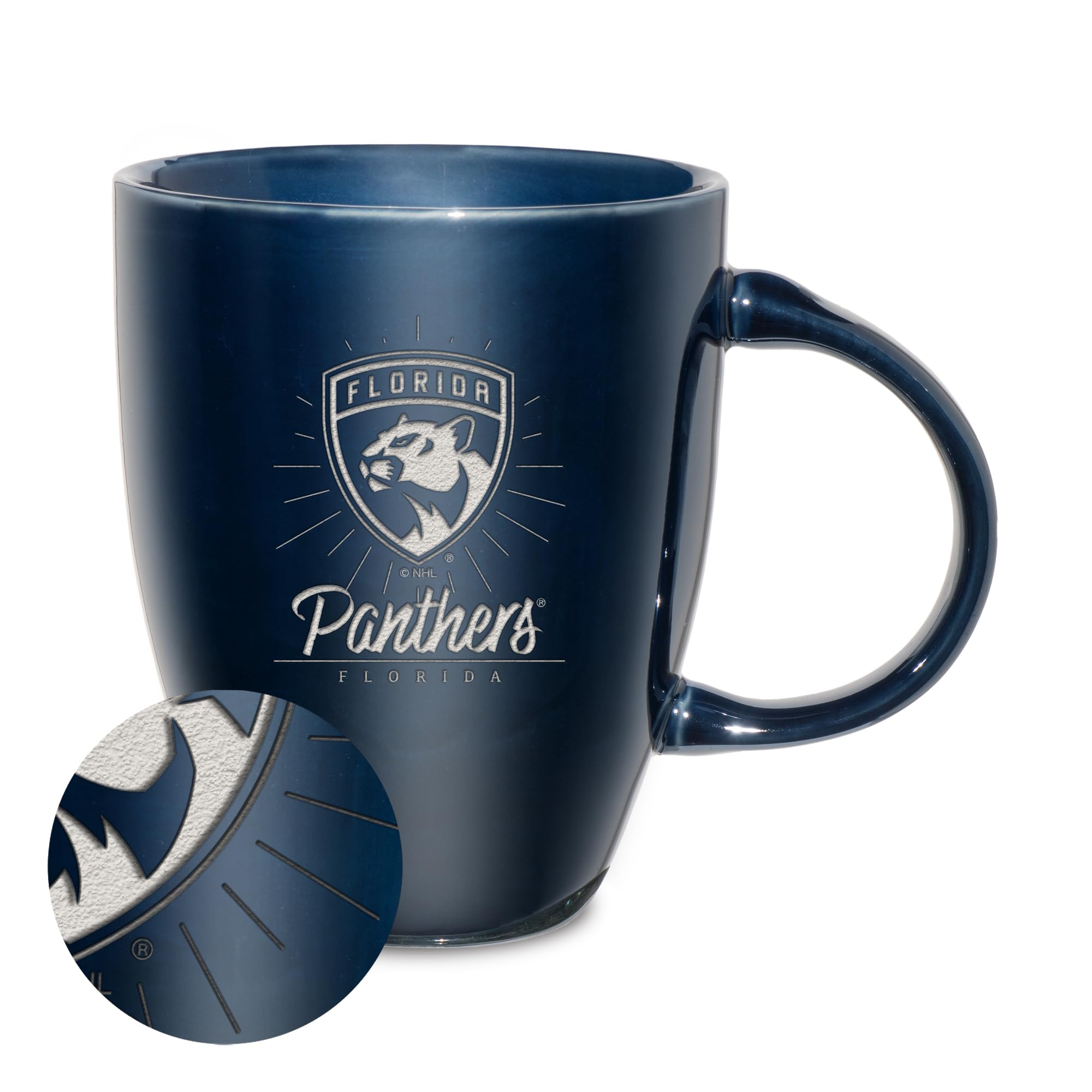 Rico Industries NHL Hockey Florida Panthers Sunburst Navy 18oz Laser Engraved Ceramic Lustre Mug