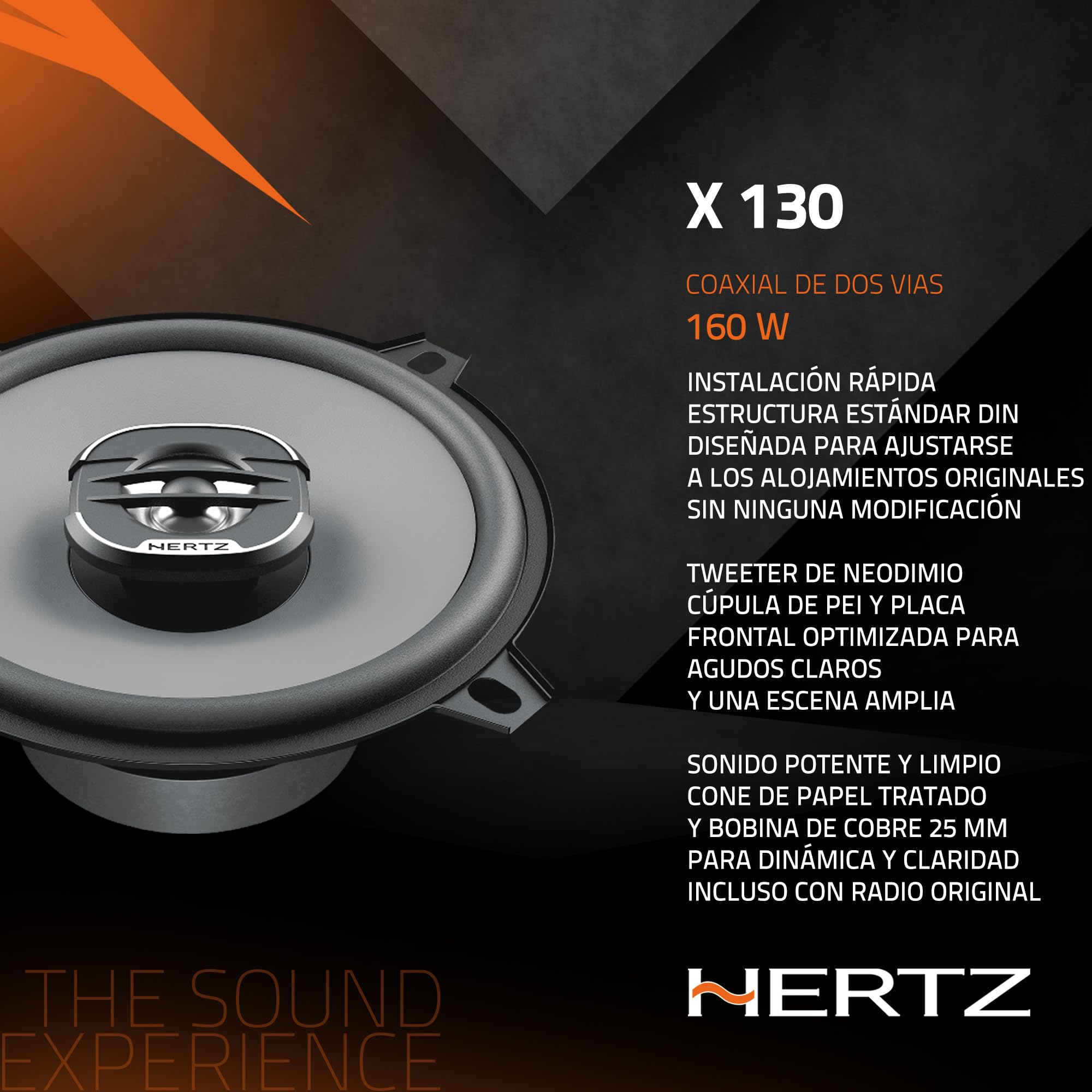 Hertz X 130 par de Altavoces coaxiales de 2 vías 130 mm, 160 W | papel prensado hidrófugo, tweeter PEI 24 mm, 5 pulgadas, 40 W RMS, 4 Ohm, 60-21000 Hz, imán de ferrita, profundidad 52 mm