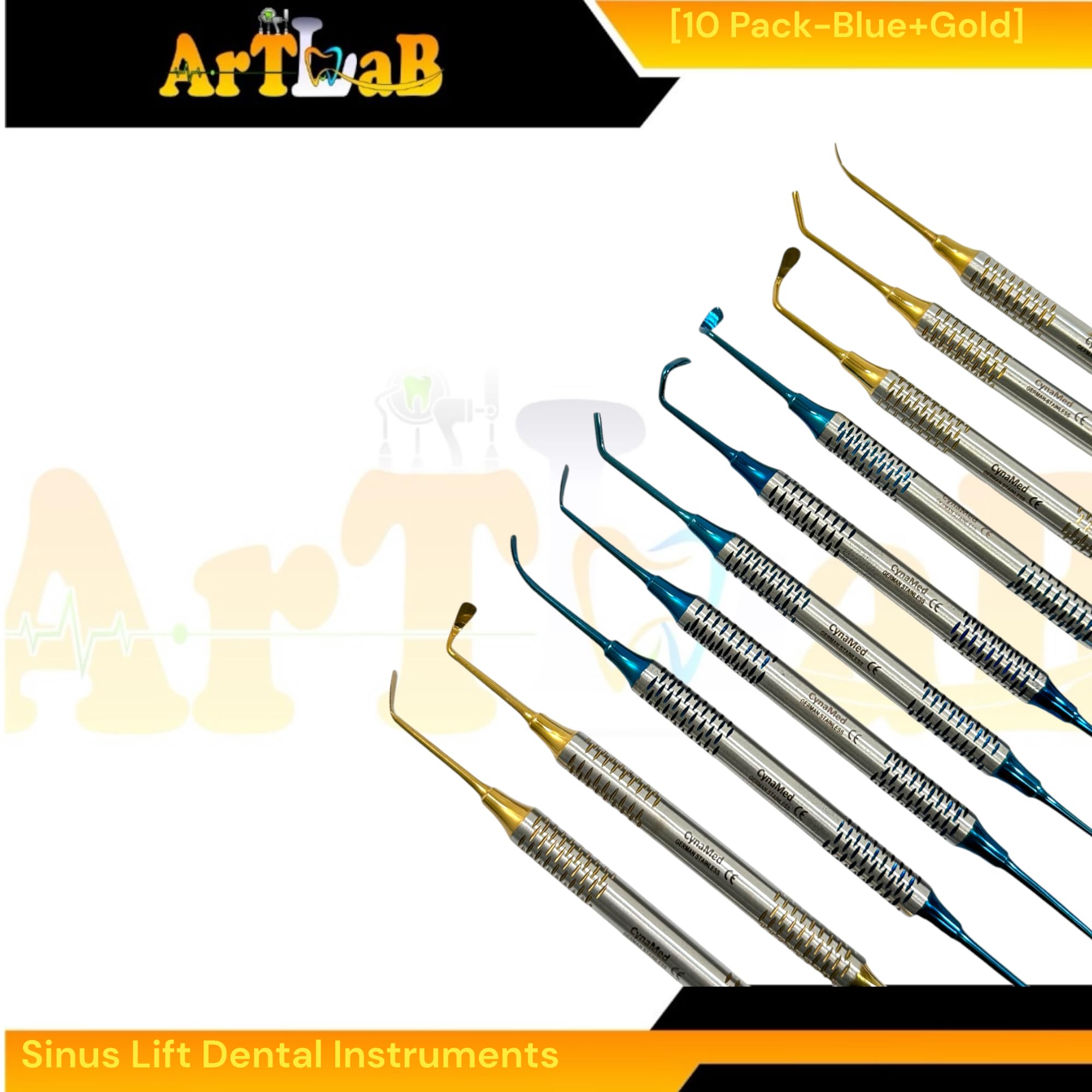 Double-Ended Sinus LiftSet of 10pcs | Gold & Blue Color-Coded | Lightweight German Stainless Steel Autoclave-Safe Dental Instruments