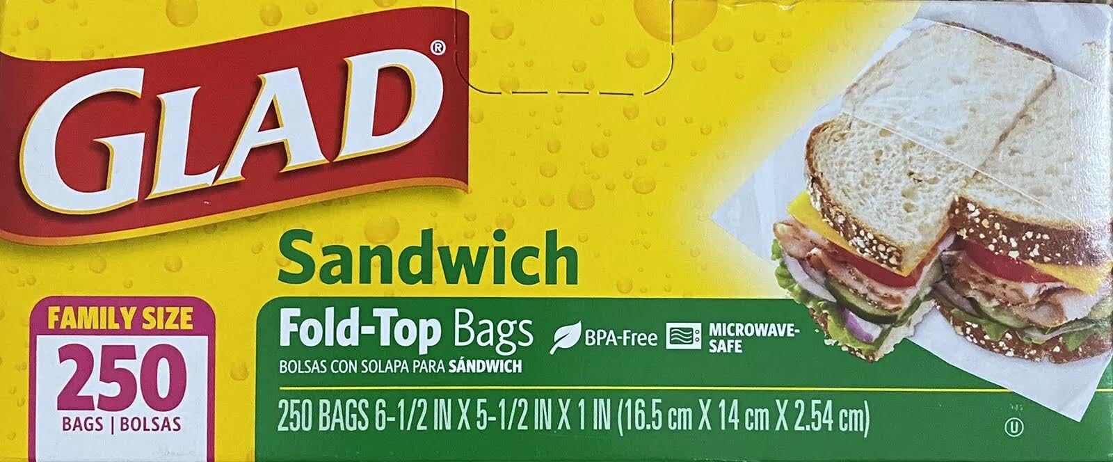 GladSandwich Fold-Top Bags, Family Size 250 Bags, 6-1/2 IN x 5-1/2 IN x 1 IN