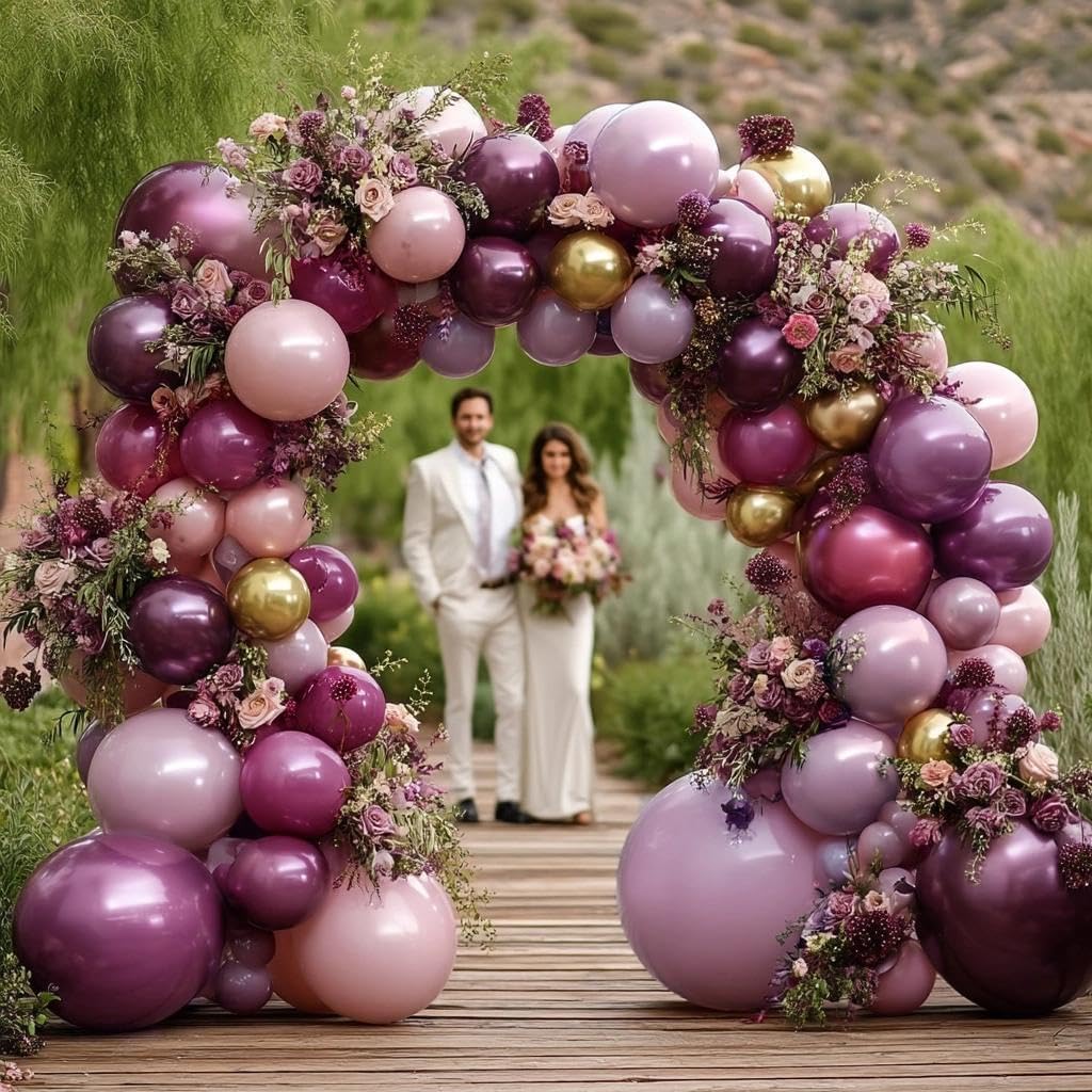 Dunkelviolette und rosa Luftballon-Girlande, doppelt gefüllt, Altrosa, Burgunderrot, Gold, Ballonbogen-Set für Geburtstag, Brautparty, Hochzeit, Valentinstag, Party-Dekorationen