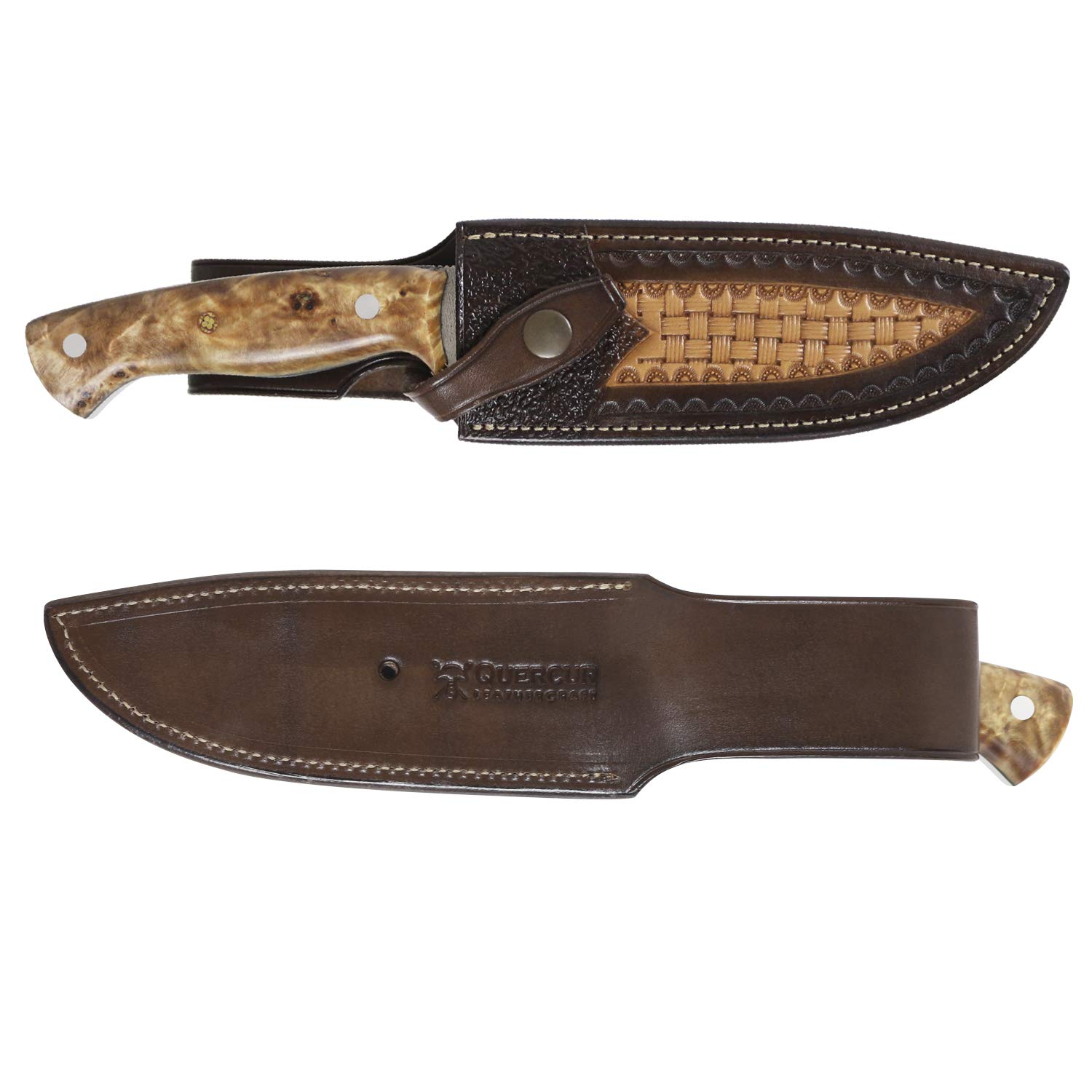 iFIELD EL29008 Coltello multifunzionale per escursioni, caccia e sopravvivenza all'aperto, manico in radice di pioppo in finitura lucida con distanziatore nero, fodero multiposizione