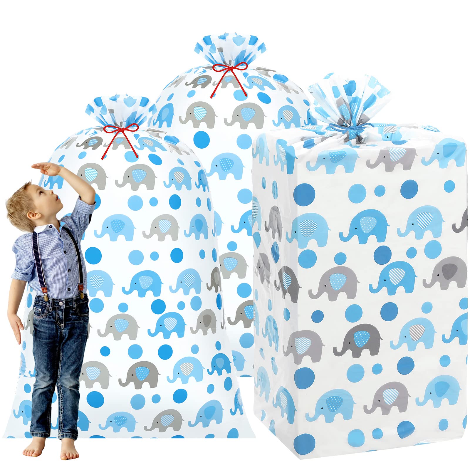 Zonon 3 Pcs 56'' XL Extra Large Baby Shower Bag Blue Elephant Giant Oversized Holiday Plastic Gift Bags Jumbo Huge Storage Wrapping for Birthday Present Holiday Party Favors Gift Wrap(Blue)