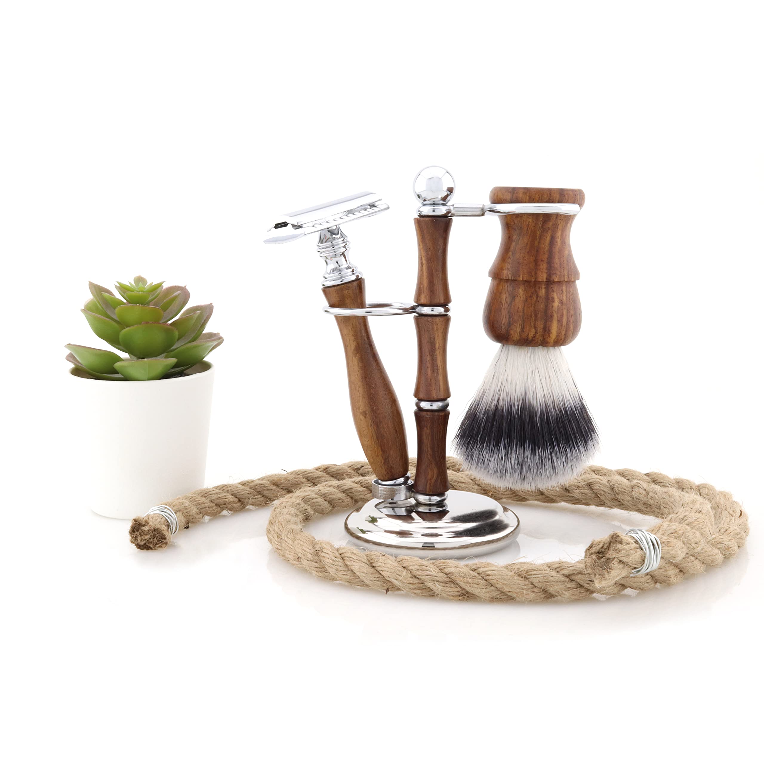 Jag Shaving - Set da barba sostenibile, 3 pezzi, in legno, pennello da barba con setole sintetiche, rasoio con lametta a doppio filo da donna e da uomo, piedistallo