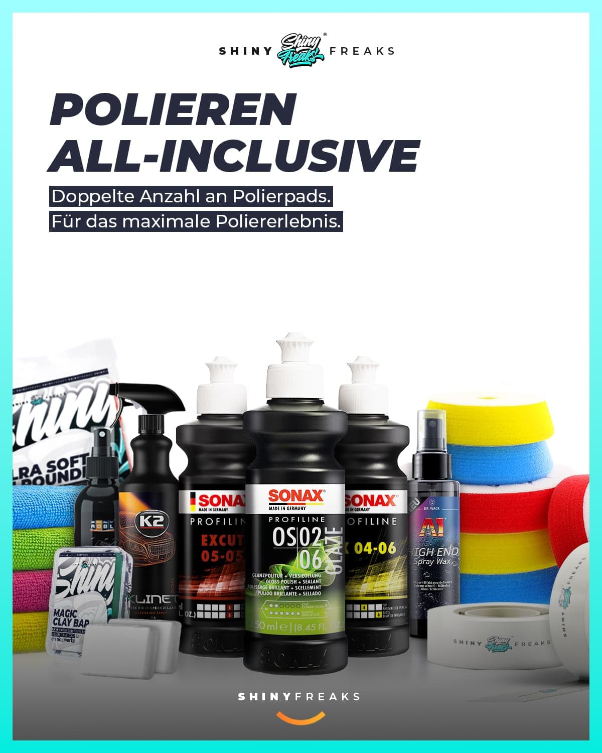Poliermaschinen Set: chemicalworkz DA9 Pro Exzenter Poliermaschine + Sonax Politur Set + Royal Pads Premium Polierpads + Dr. Wack Versiegelung für Lack + Zubehör | 20-teilig