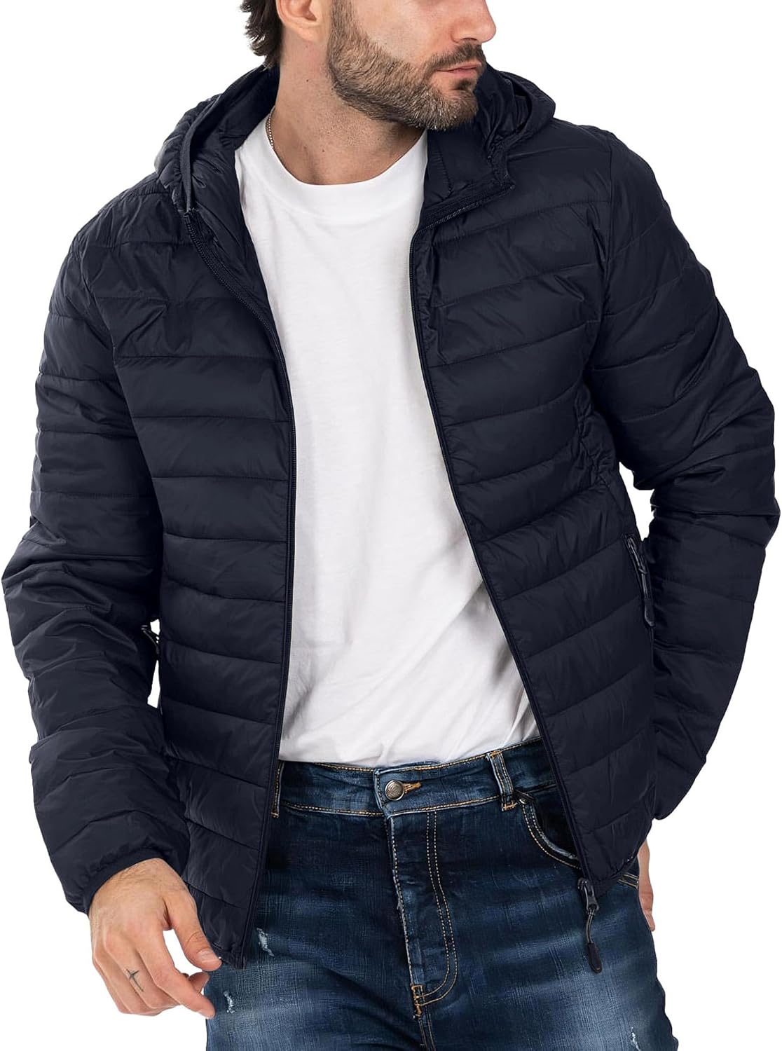Men’s Puffer Jacket Hooded Lightweight Full Zip Warm Coats Water Repellent Windproof Insulated Jacket with Pockets