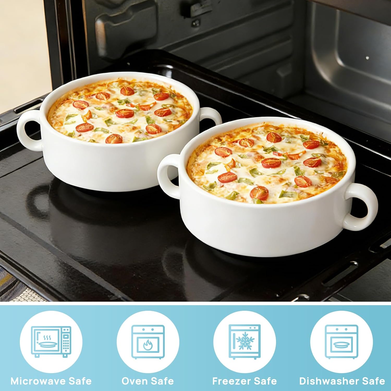 4 Pack Soup Crocks, Ceramic Soup Bowls with Handles, Ceramic Cereal Bowls for Kitchen Pasta Oatmeal, Microwave and Oven Safe(White)