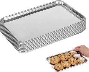 HEMOTON 8Pcs Small Stainless Steel Baking Cookie Sheet, Toaster Oven Pan | Rectangular Metal Cookie Tray for Baking Roasting Serving, Non Toxic & Rust Free Mirror Finish, Dishwasher Safe, 9 x 6 Inch