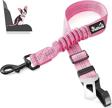 SlowTon Dog Seat Belt for Car, Adjustable 3 in 1 Dog Seatbelt with Elastic Bungee Buffer, Nylon Heavy Duty Dog Car Harness Reflective Safety Tether Leash with Latch Hook Clip Pink