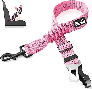SlowTon Dog Seat Belt, Adjustable Dog Safety Belt Leash, 2 in 1 Latch Bar Attachment Dog Car Seatbelt with Elastic Nylon Bungee Buffer, Reflective Nylon Belt Tether Connect to Dog Harness (Pink)