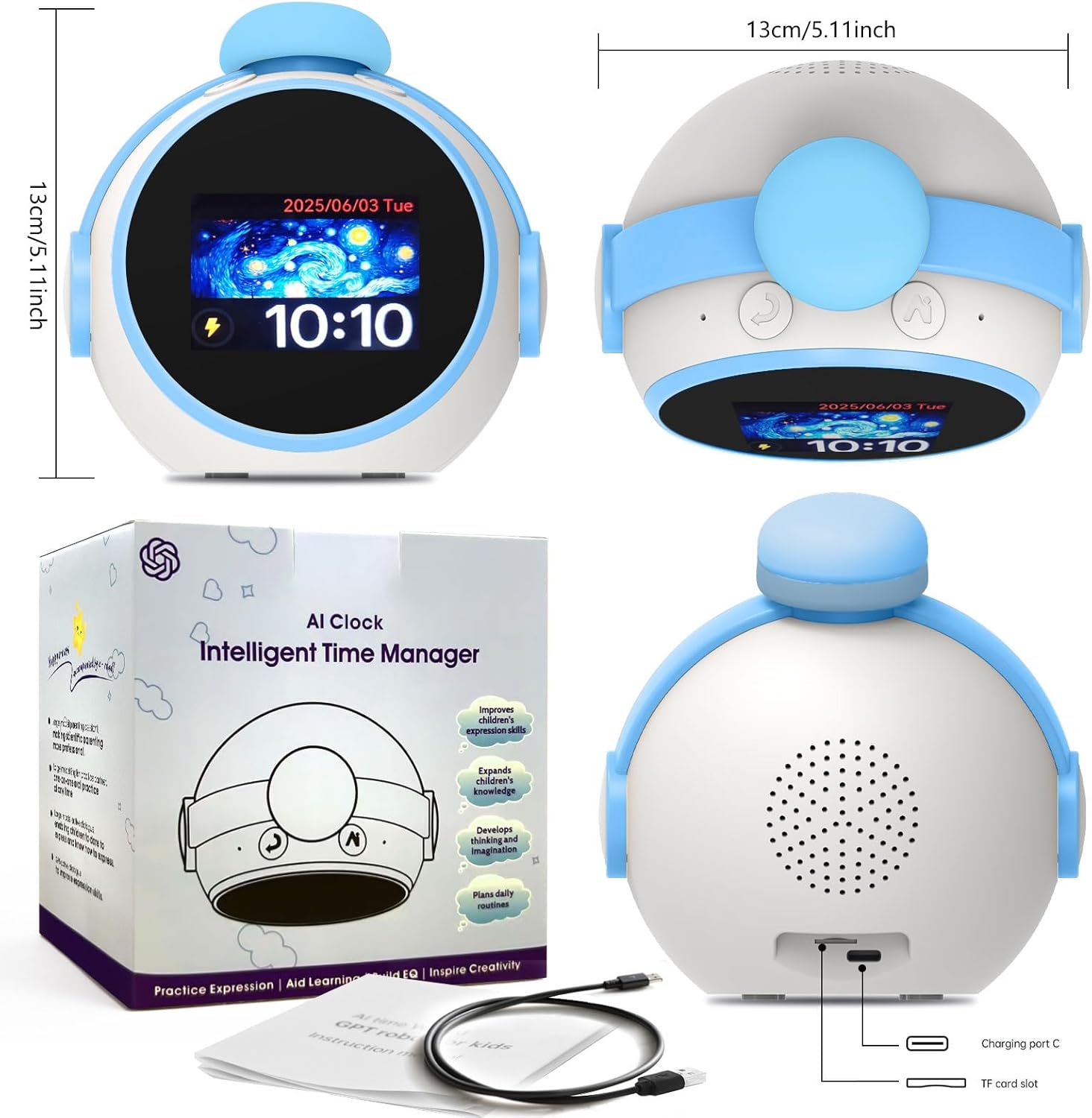 AI Clock, Alarm Clock for Kids, Clock with ChatGPT, AI Device, Sound Machine to Wake Alarm Clock for Toddlers and Kids,3-15 Years Bedroom, 2.4G WiFi, 2.8 Inch Touchscreen