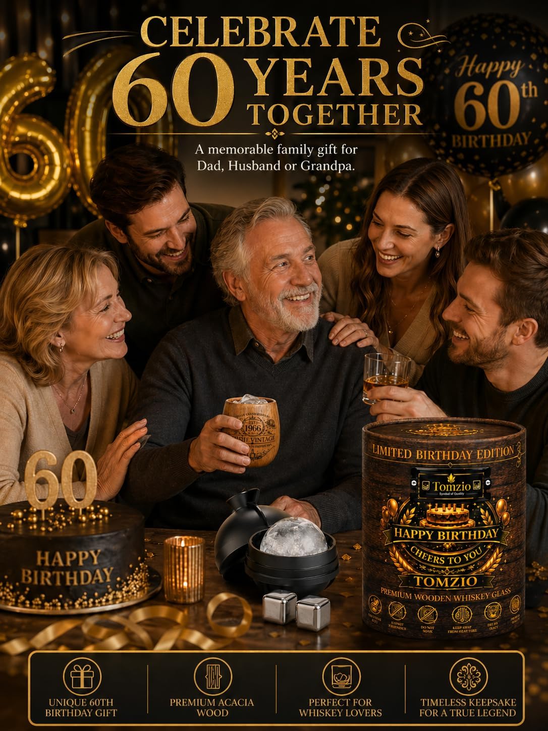 60th Birthday Gifts for Men, Charred Wooden Whiskey Glass Gift Set for Him Dad Husband, Vintage 1966 Birthday Gift with Ice Ball Mold & Whiskey Stones, Unique 60 Year Anniversary Keepsake