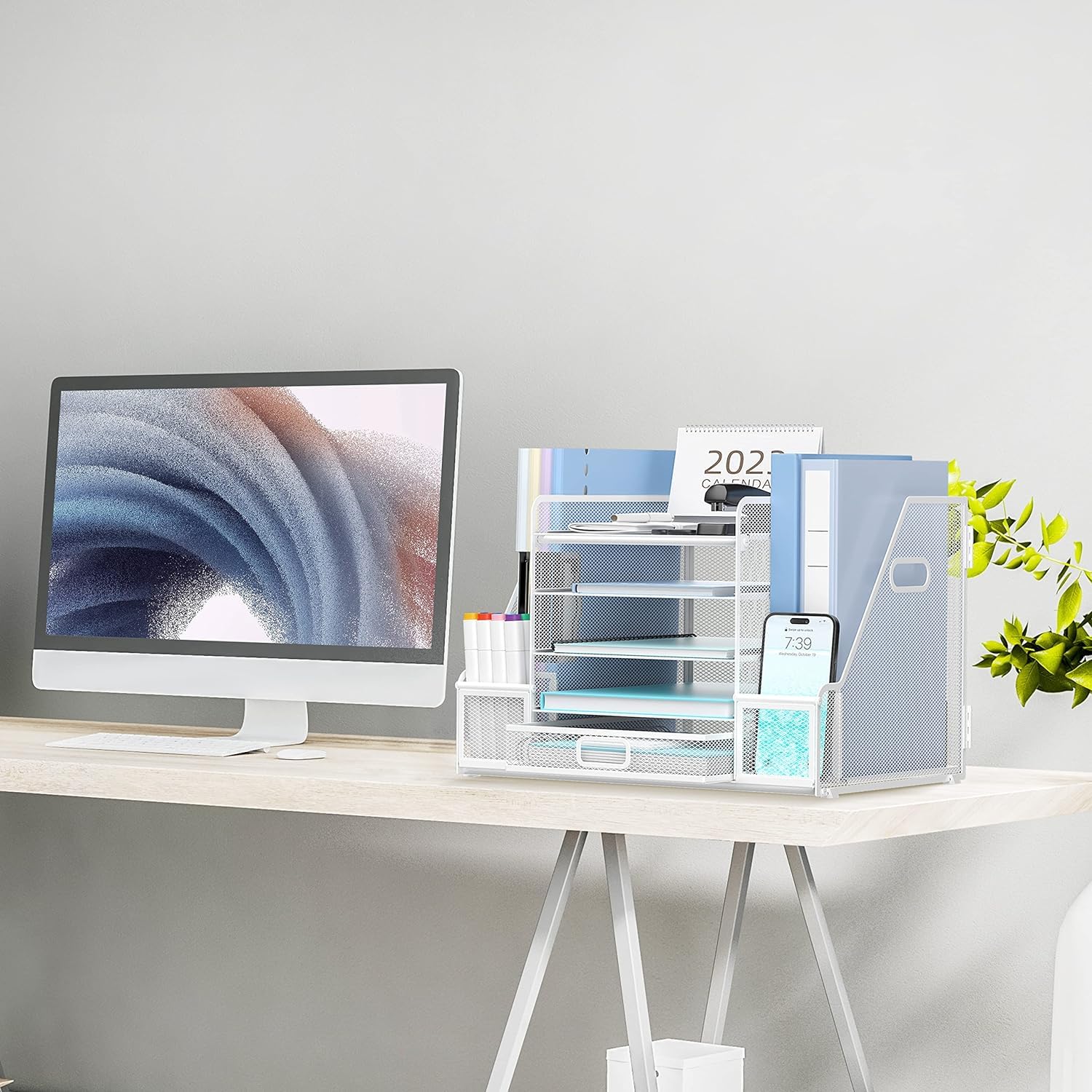 Schreibtisch-Organizer mit 5 Ebenen, Netzpapier Briefablage Organizer mit Zeitschriftenhalter, Schreibtischorganisation und Aufbewahrung mit Schublade für Bürobedarf Zuhause oder Schule, Weiß