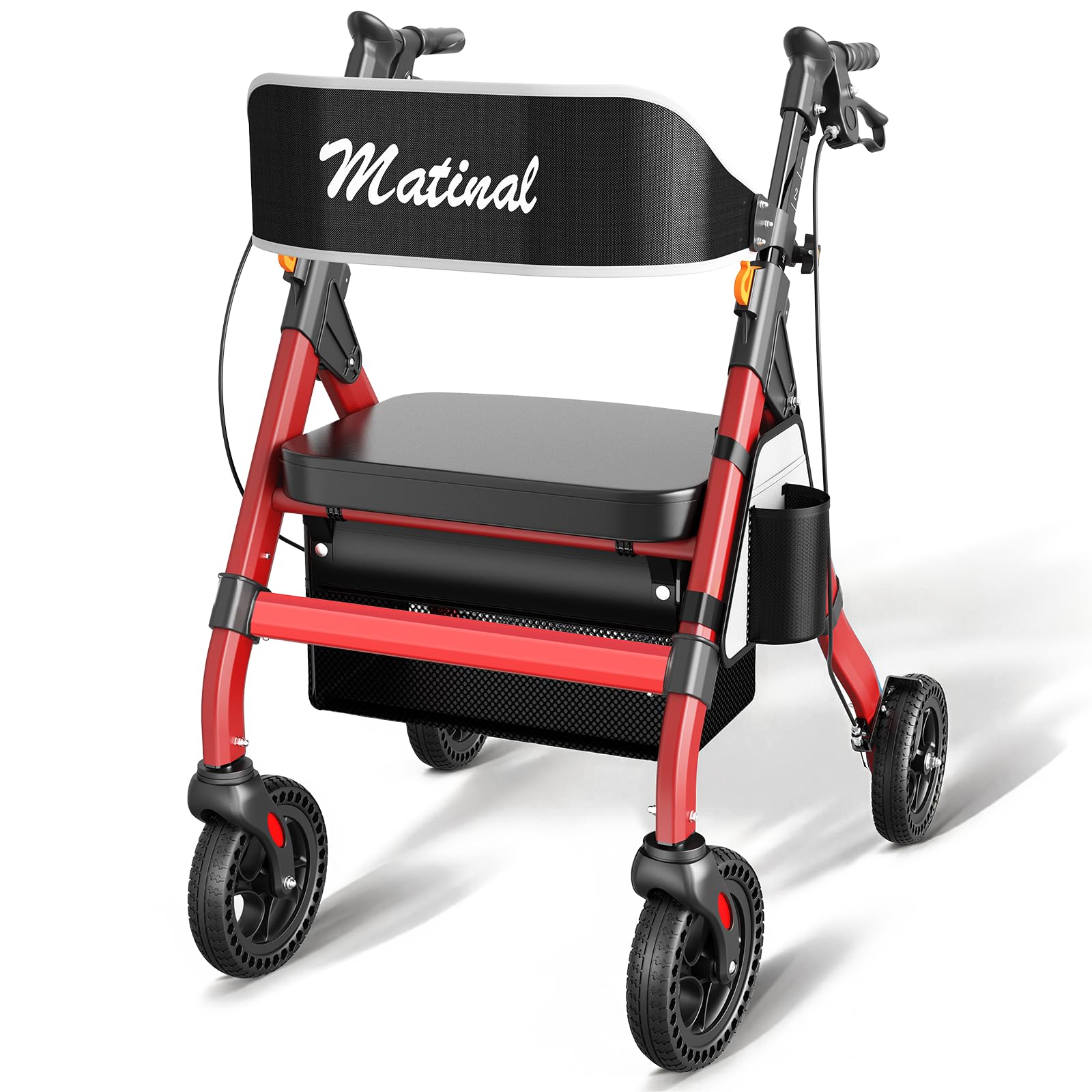 Faltbarer Rollator für Senioren Outdoor, Tragkraft bis 200kg, Rot | 20cm Gummireifen für jedes Gelände, Rollator für den Außenbereich aus Aluminiumlegierung mit breitem, höhenverstellbarem Sitz