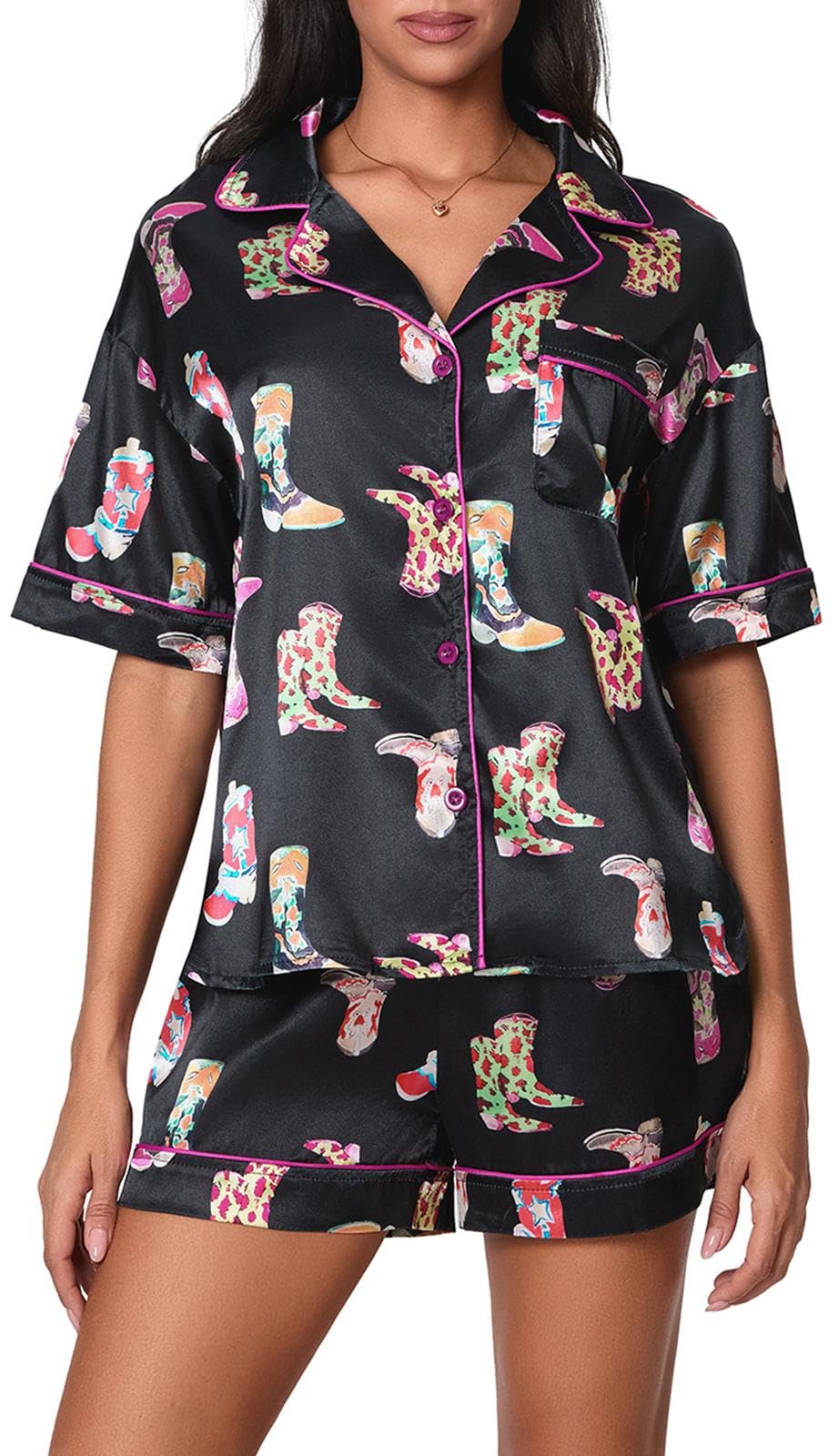 LILTWIST Women Cowboy Boots Pajamas Cute Silk Satin Heart Bow Western Pjs Y2k Short Sleeve Cowgirl Shirts and Pj Shorts Sets