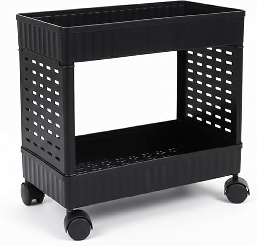 WONJU Slim 2-Tier Plastic Storage Trolley with Wheels, Ventilated Baskets for Kitchen, Bathroom, Office, Pantry &amp; Laundry...