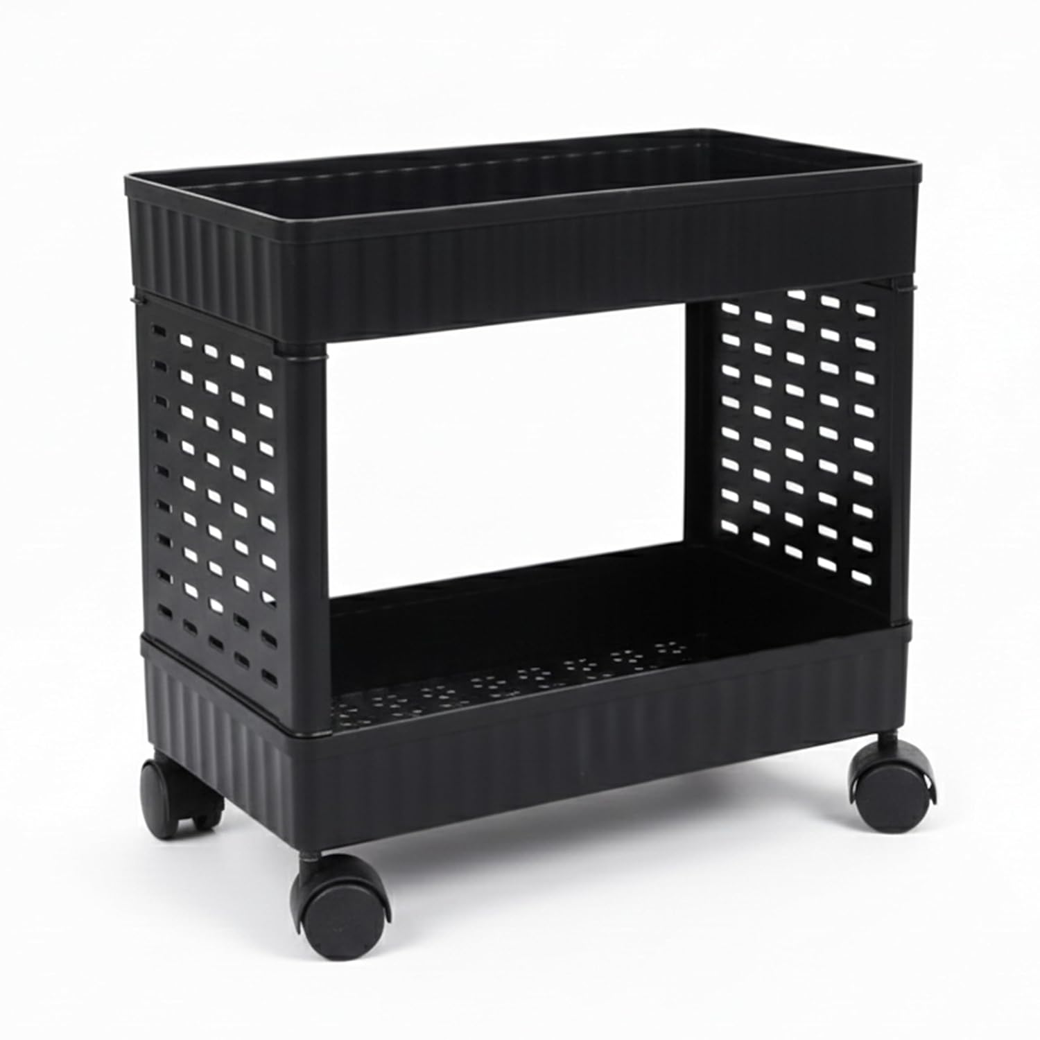 WONJU Slim 2-Tier Plastic Storage Trolley with Wheels, Ventilated Baskets for Kitchen, Bathroom, Office, Pantry & Laundry – Space Saving Rolling Organizer Rack