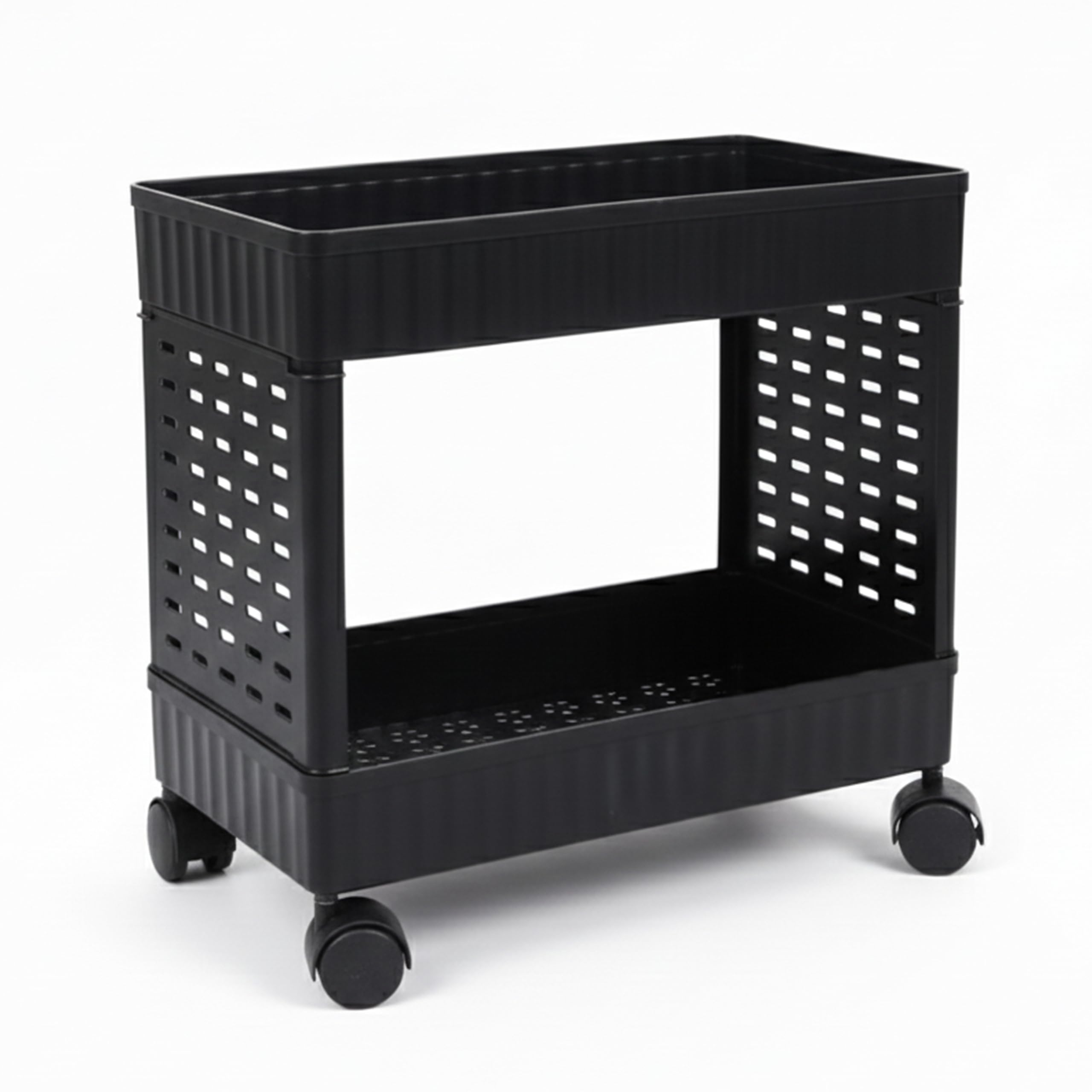WONJU Compact Plastic Utility Trolley on Wheels – Slim 2-Shelf Organizer for Fruits, Vegetables, Groceries, Cleaning Bottles, Towels and Everyday Household Items
