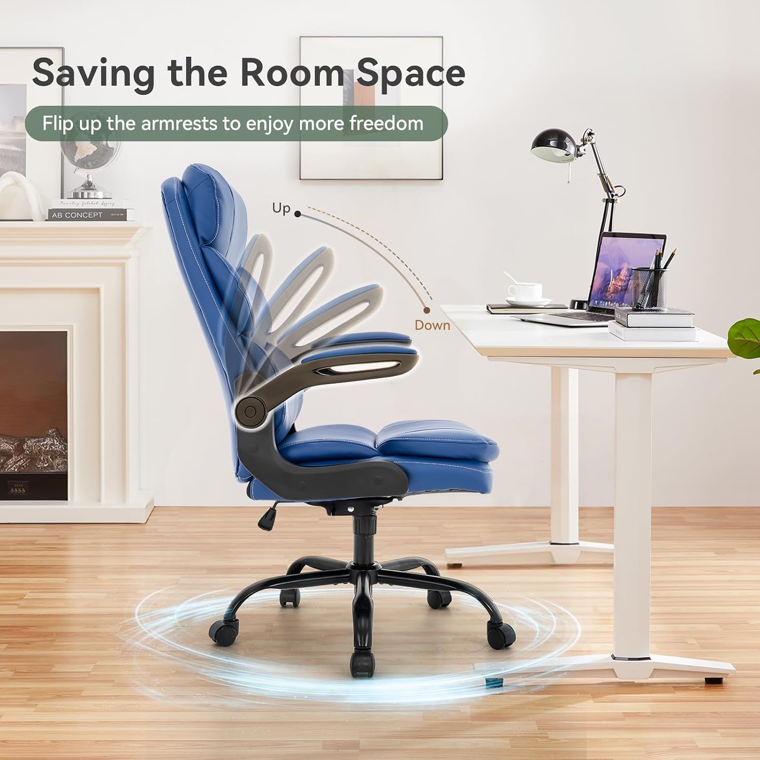 Ergonomic Office Chair High Back with Lumbar Support, PU Leather Executive Desk Chair, Adjustable Height & Flip-Up Armrests, Swivel Rolling Wheels for Home Office, Computer Gaming Chair (Blue)
