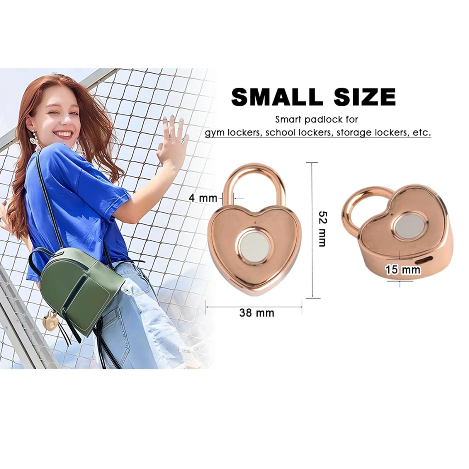Candado de huella dactilar en forma de corazón, pequeño candado inteligente, recargable por USB, apto para taquillas de gimnasio, mochilas, maletas, etc. (Oro rosa)
