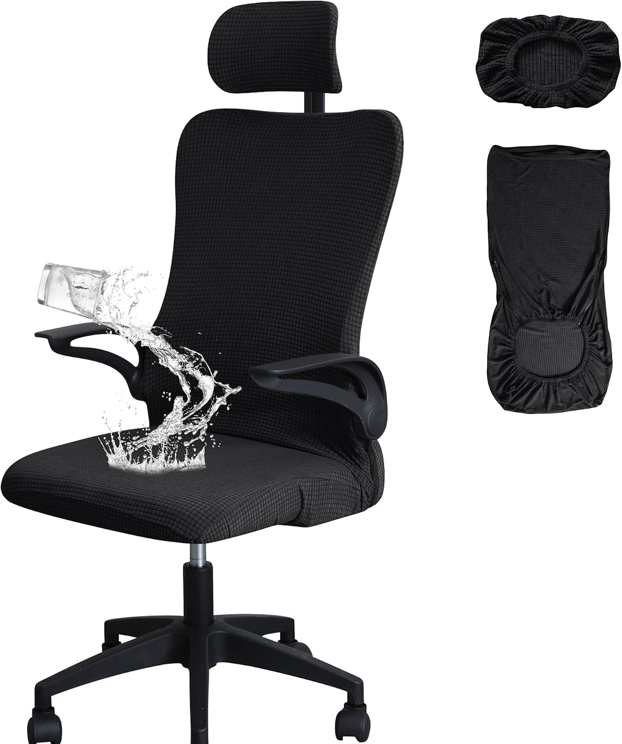 Black Ergonomic Office Chair Cover with Headrest Cover Water-Repellent Stretch 2-Piece Jacquard Office Desk Chair and Headrest Slipcover Cat Scratch Proof Washable