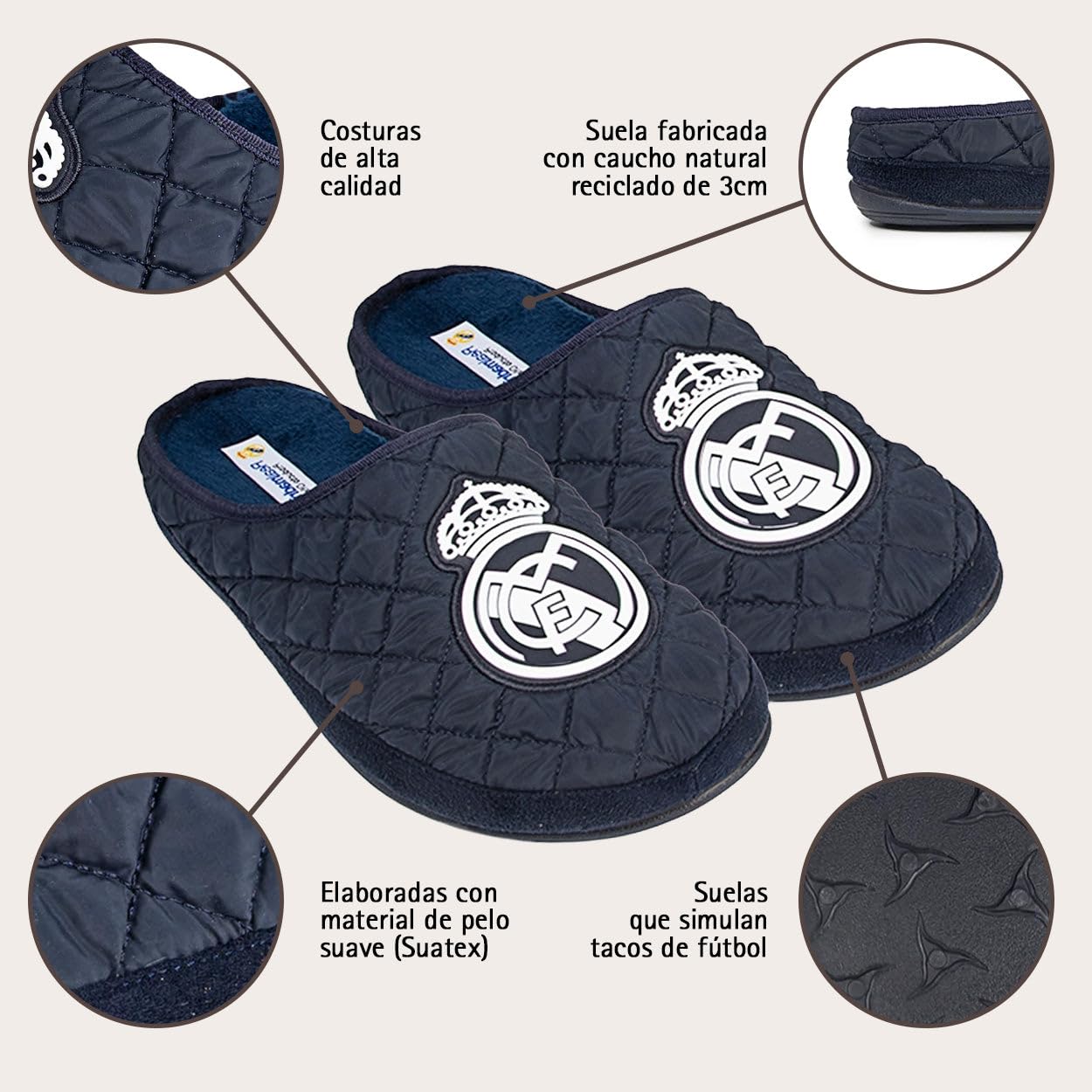 MARPEN SLIPPERS, Zapatillas de casa Real Madrid CF Oficiales Temporada 24/25 Acolchadas para Hombre o Mujer, Suela Caucho Diseño Fútbol