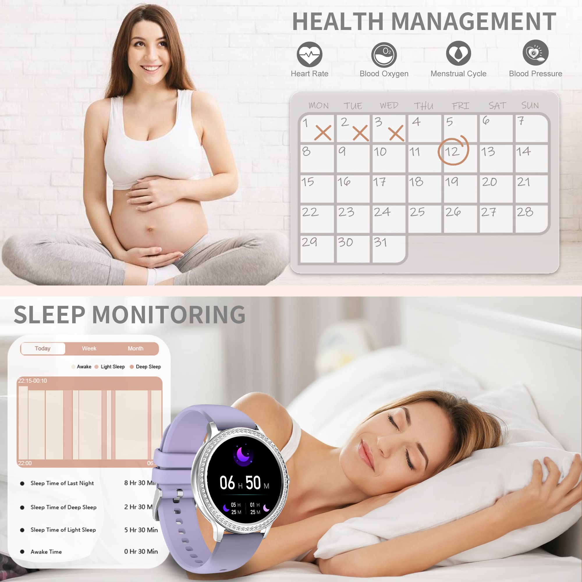 Montre Intelligente pour Femme, élégante avec Appel et Assistant Vocal, Tracker de Fitness étanche avec 20 Modes Sportifs pour Android et iOS