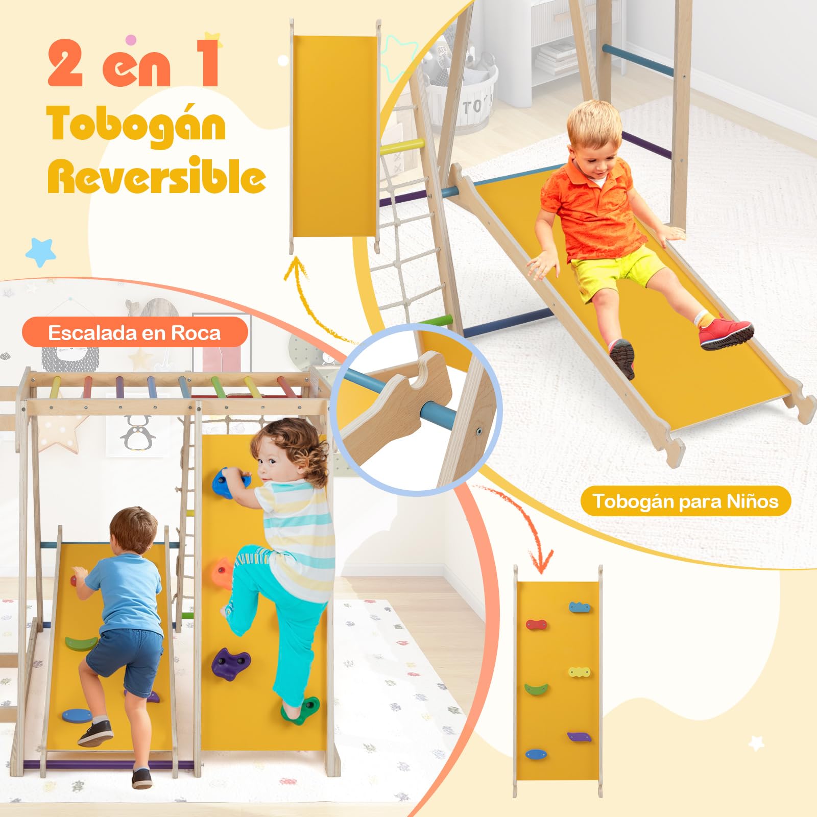 COSTWAY Gimnasio Infantil para Interior 6 en 1, Parque Infantil de Madera Montessori para Escalar con Tobogán, Escalada, Aro de Baloncesto, Barras de Mono, Red de Cuerda, Escalera (Multicolor)