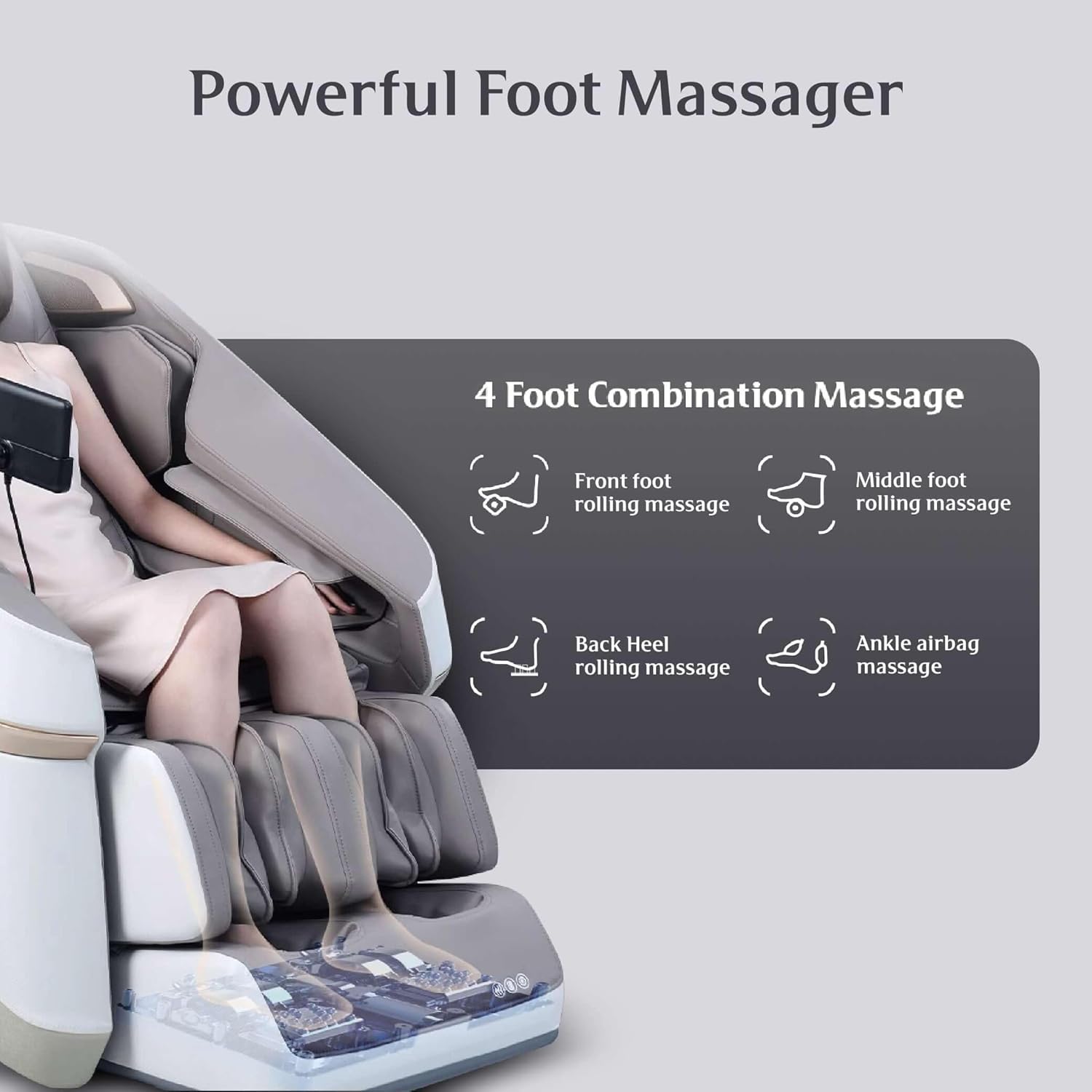 Illustration of the ROTAI Jimny Massage Chair A36's powerful foot massager, detailing front foot rolling, middle foot rolling, back heel rolling, and ankle airbag massage.
