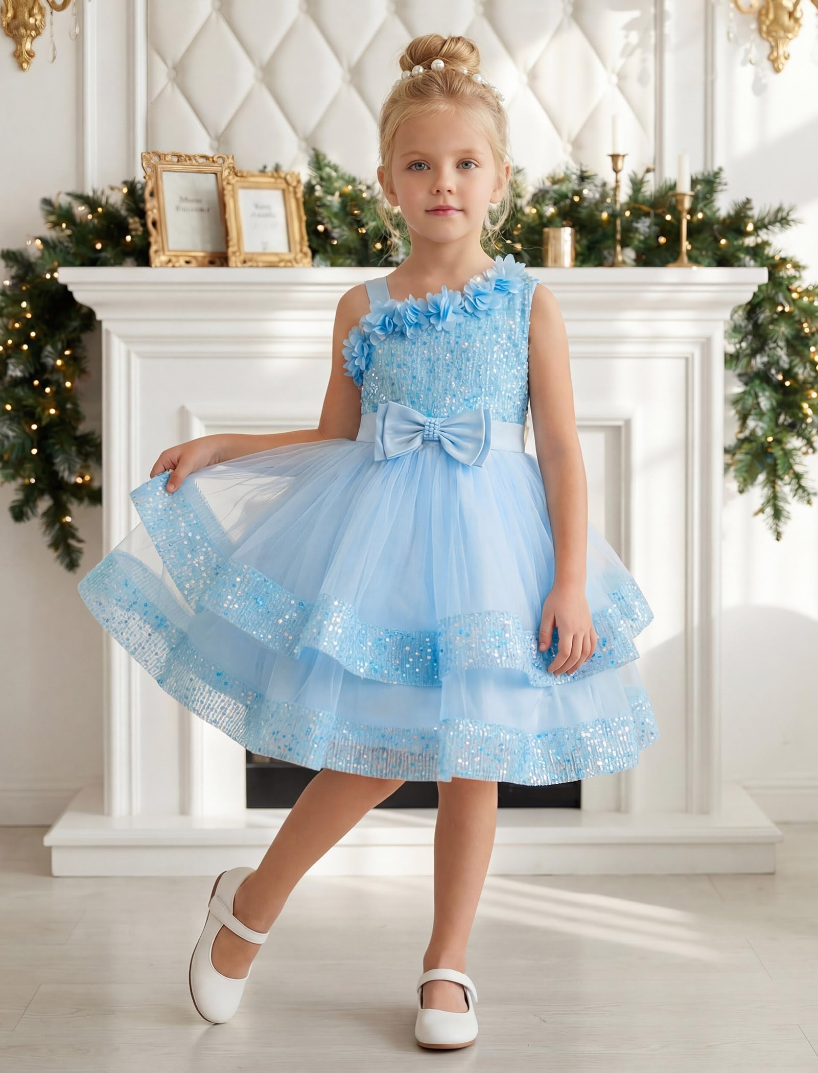 ABEHIK Vestido de princesa de lentejuelas para niñas, vestido de verano de malla de flores, tutú para fiestas, vestido de boda festivo para niños