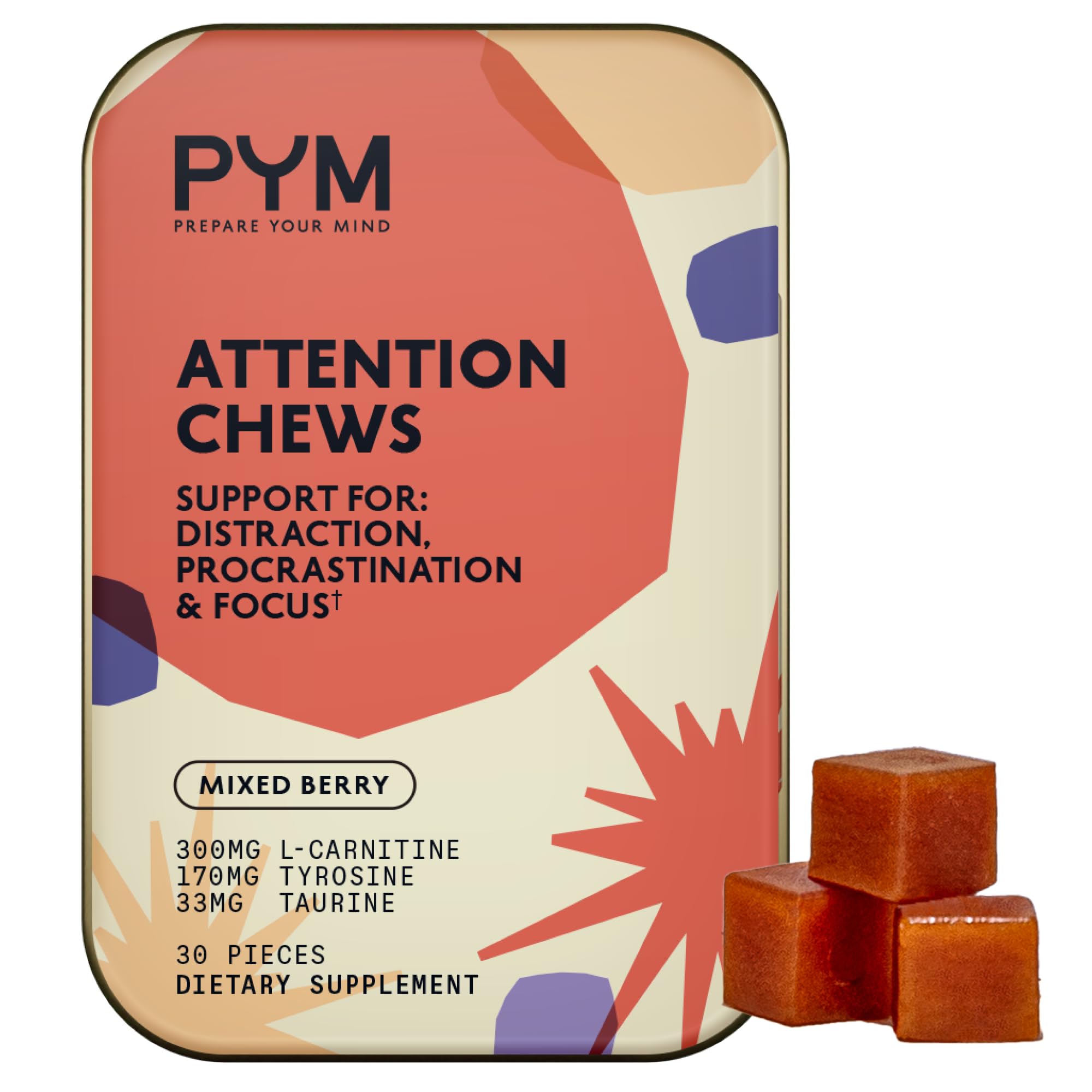 PYM Attention Chews Support for Procrastination, Focus & Productivity, 20 Count | 518mg L-Carnitine, 54mg Tyrosine, 11mg L-Taurine, Caffeine-Free | All-Natural Mood Boost Supplement Made in USA